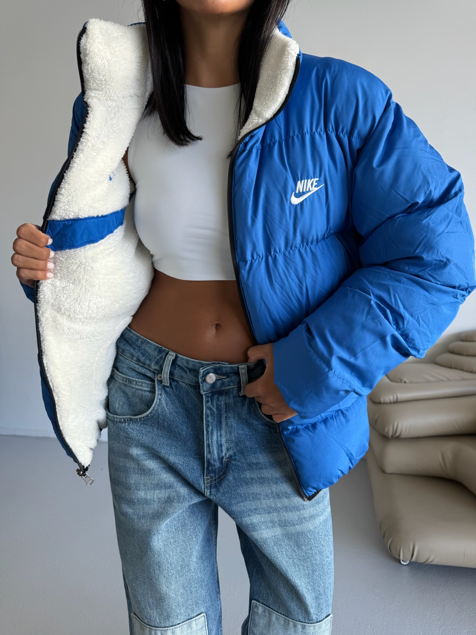 Çift Taraflı Unisex Peluş Şişme Mont