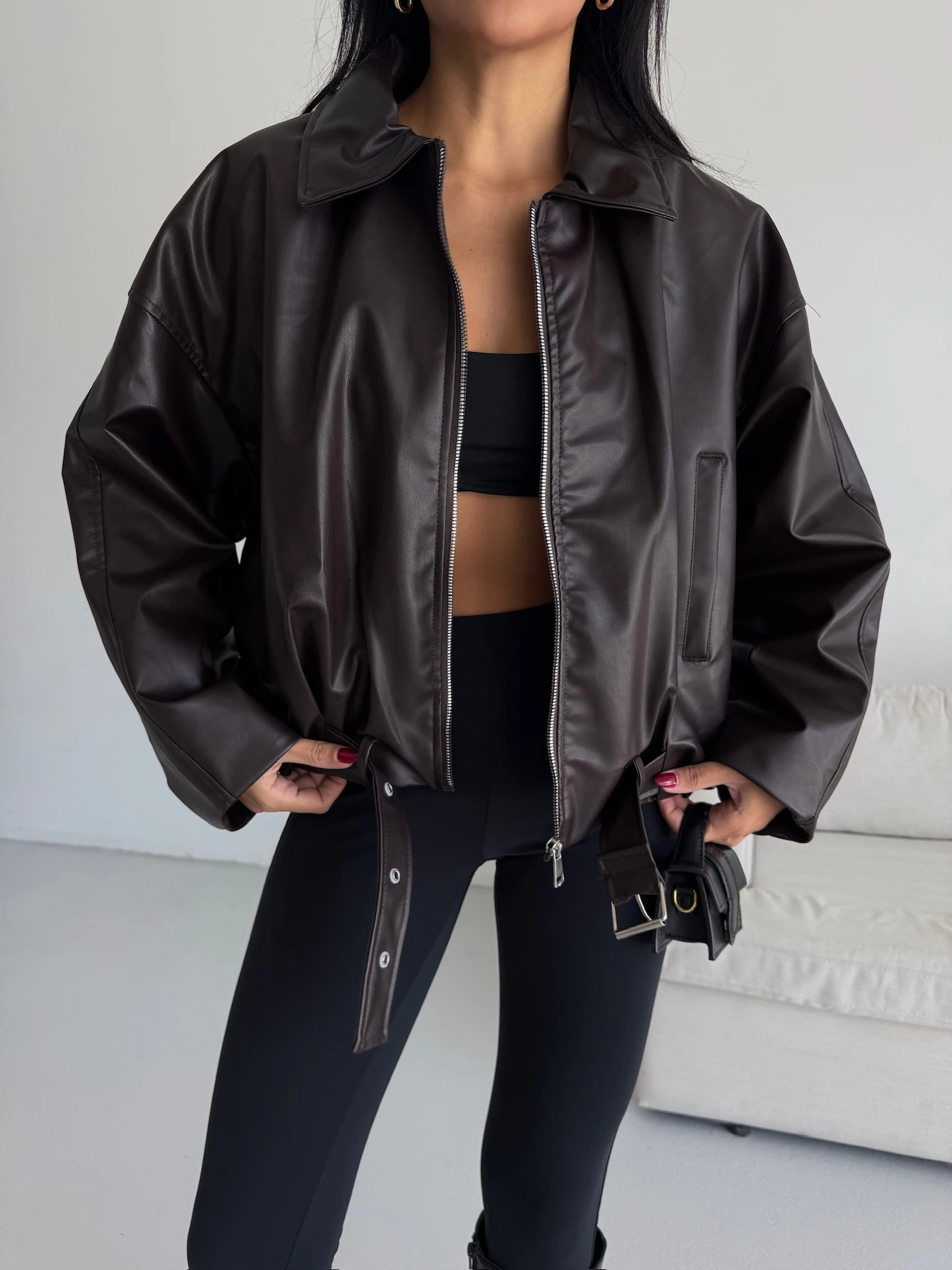 Bomber Kemerli Deri Ceket