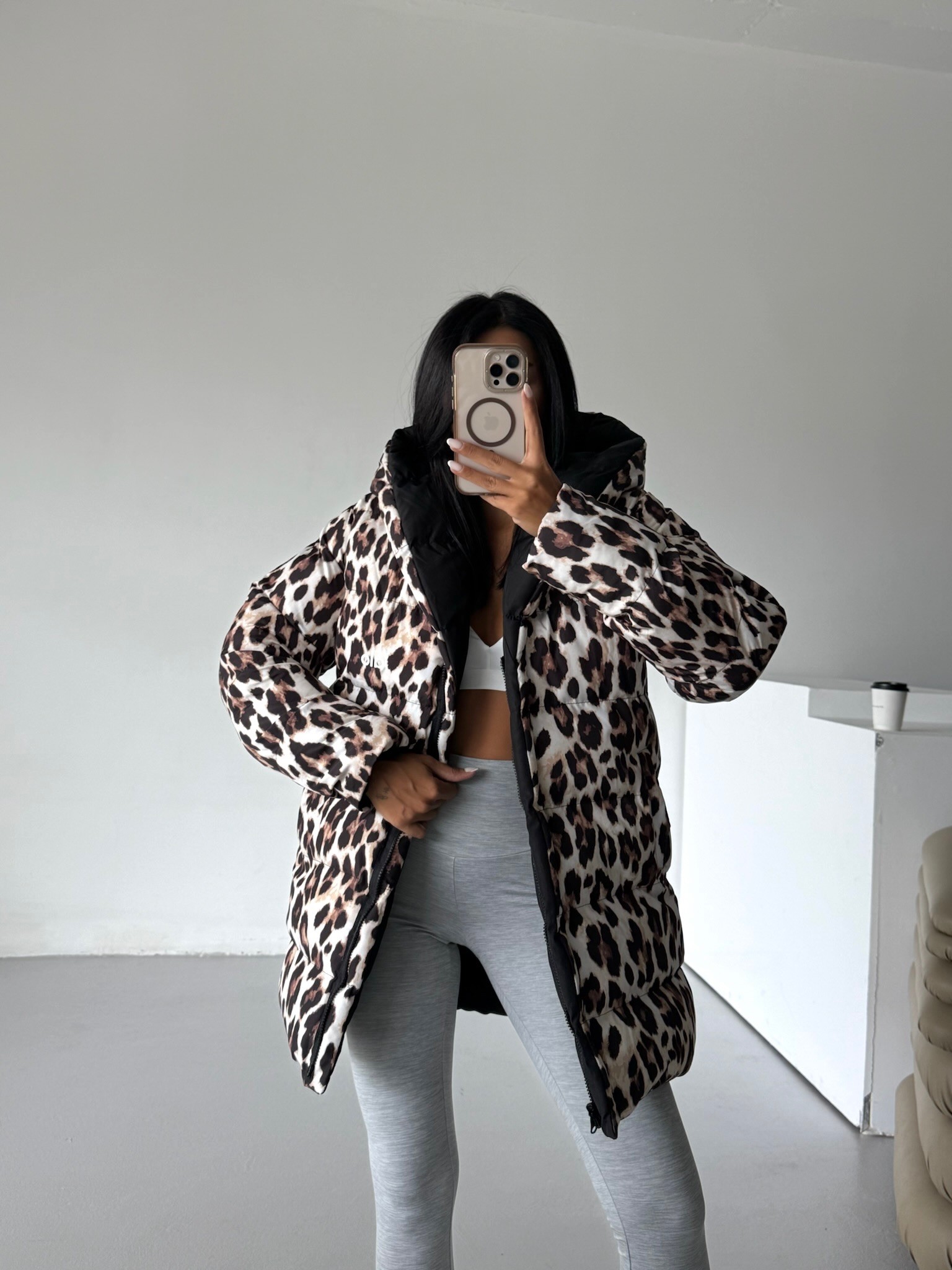 Çift Taraflı Leopar Şişme Mont
