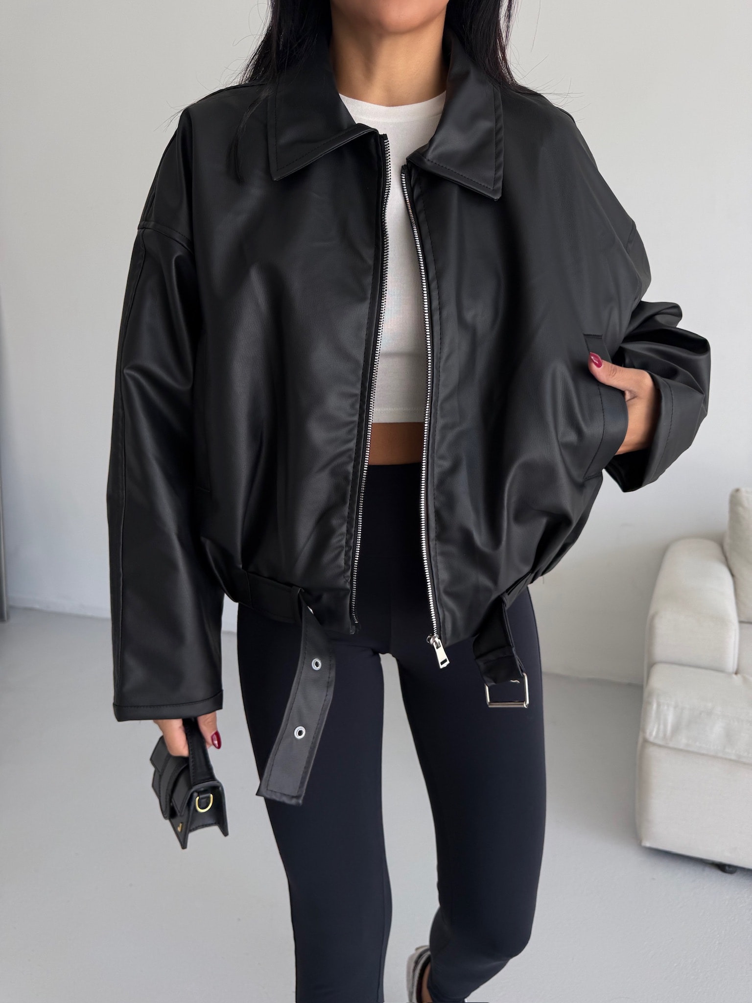 Bomber Kemerli Deri Ceket