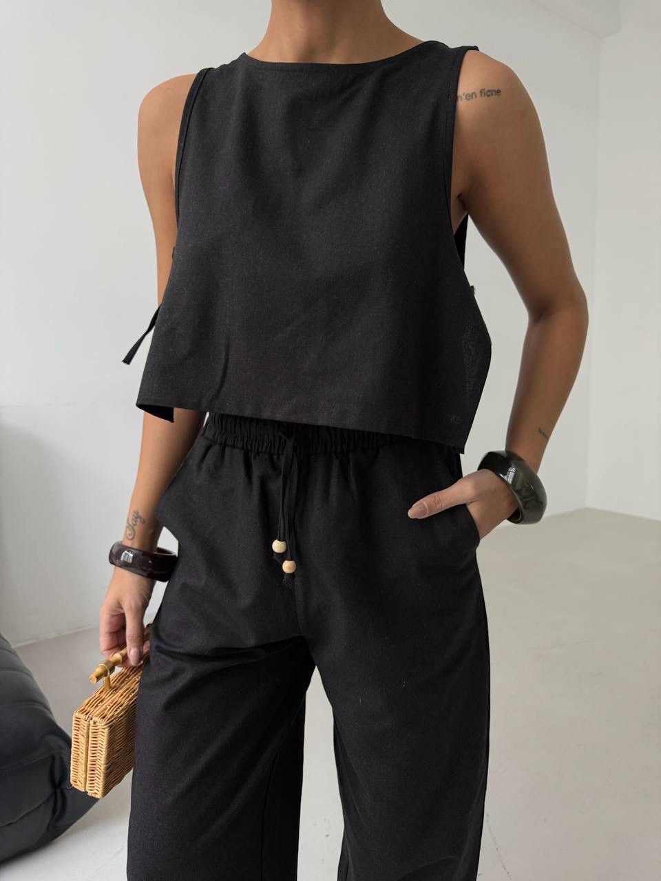Yan Bağcıklı Crop Pantolon Takım 