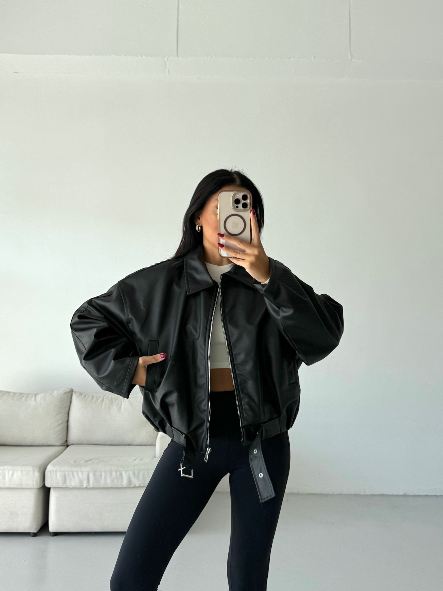 Bomber Kemerli Deri Ceket