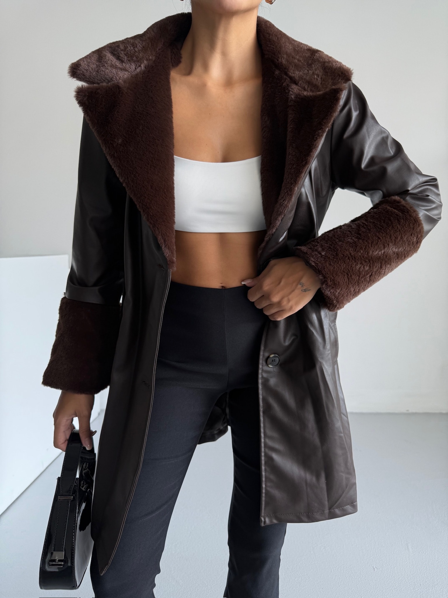 Kürk Detay Kemerli Deri Ceket