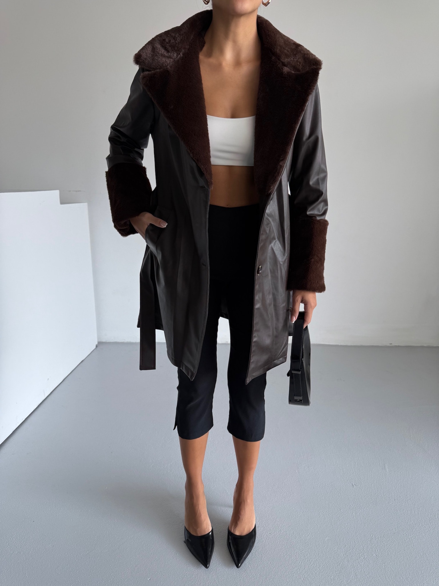 Kürk Detay Kemerli Deri Ceket