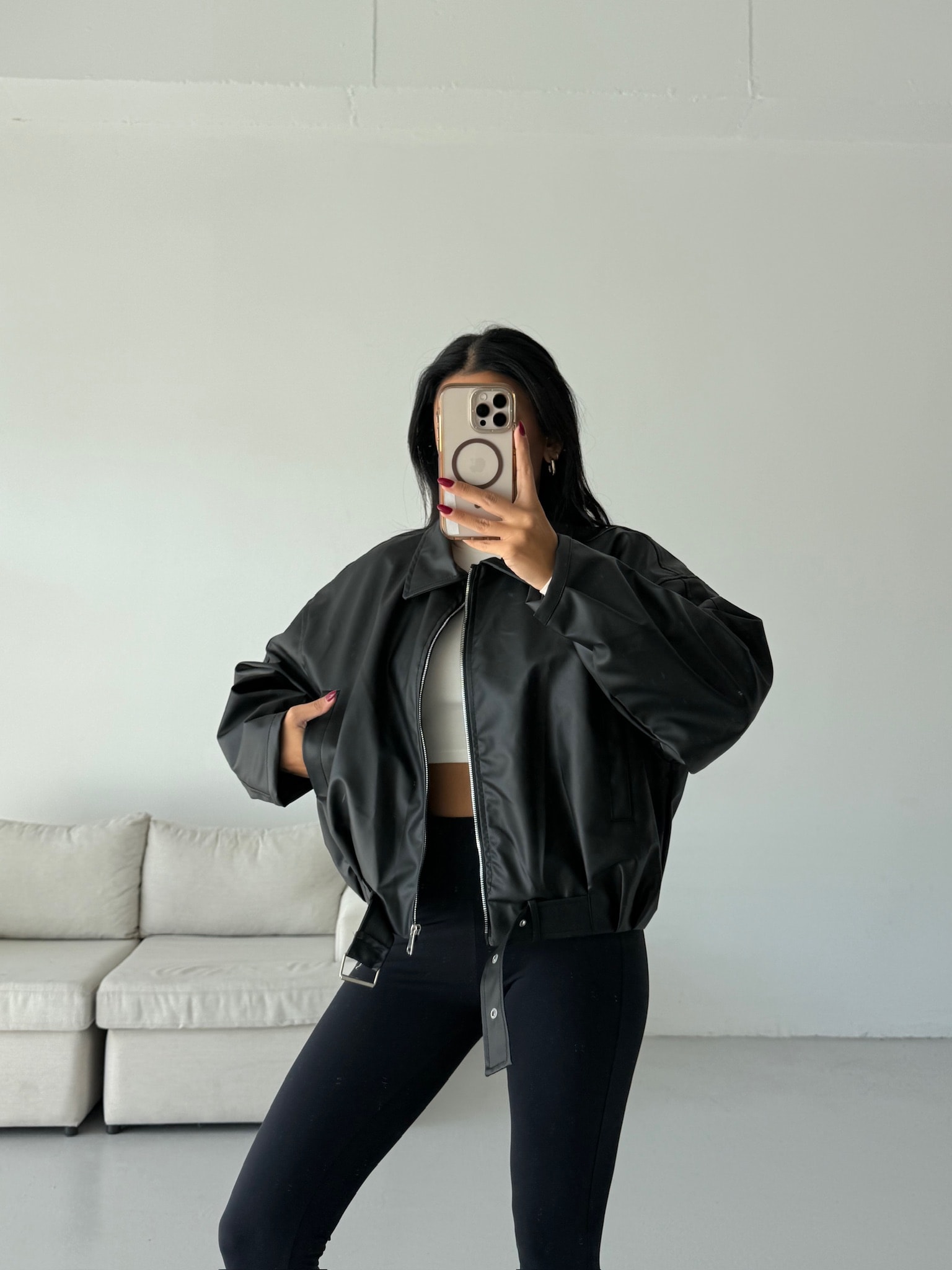 Bomber Kemerli Deri Ceket