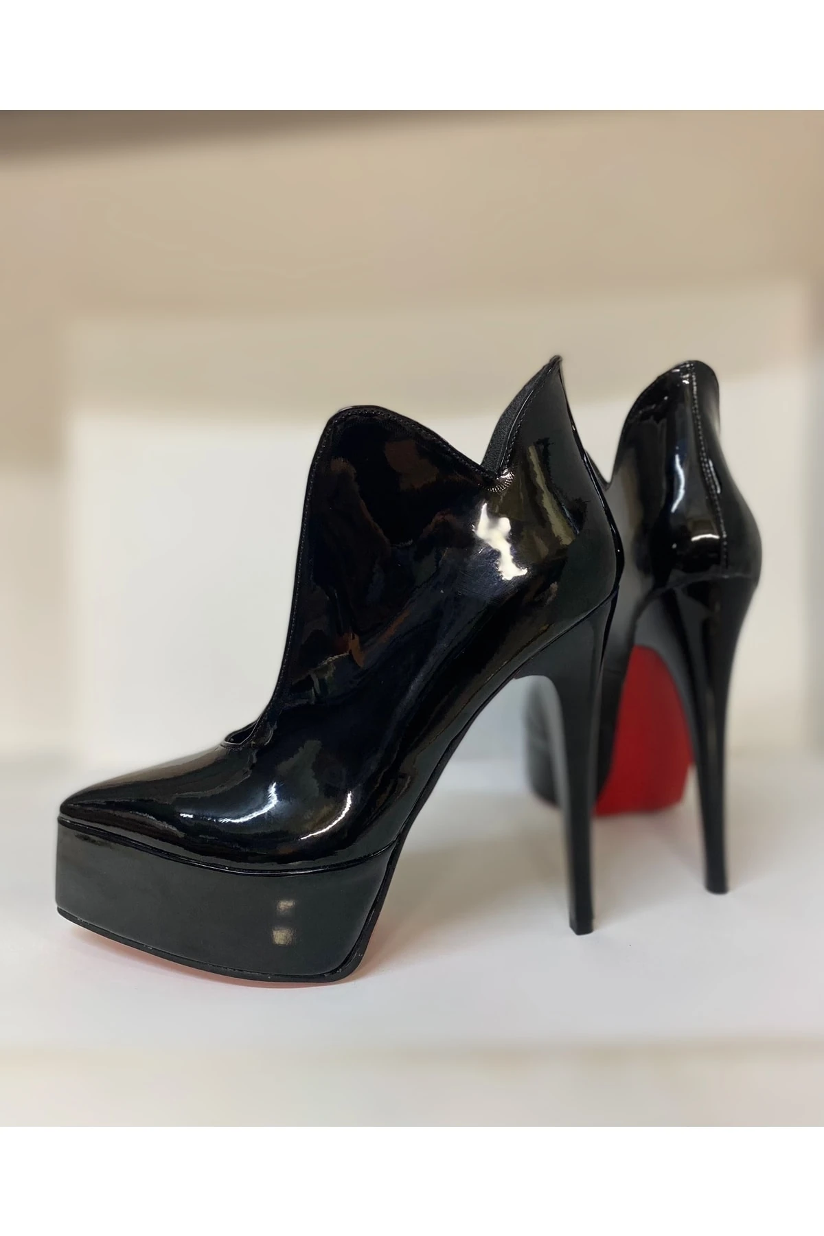 Özel Tasarım Love Siyah Rugan Platform Topuklu Stiletto Bottie Kadın Topuklu Bot