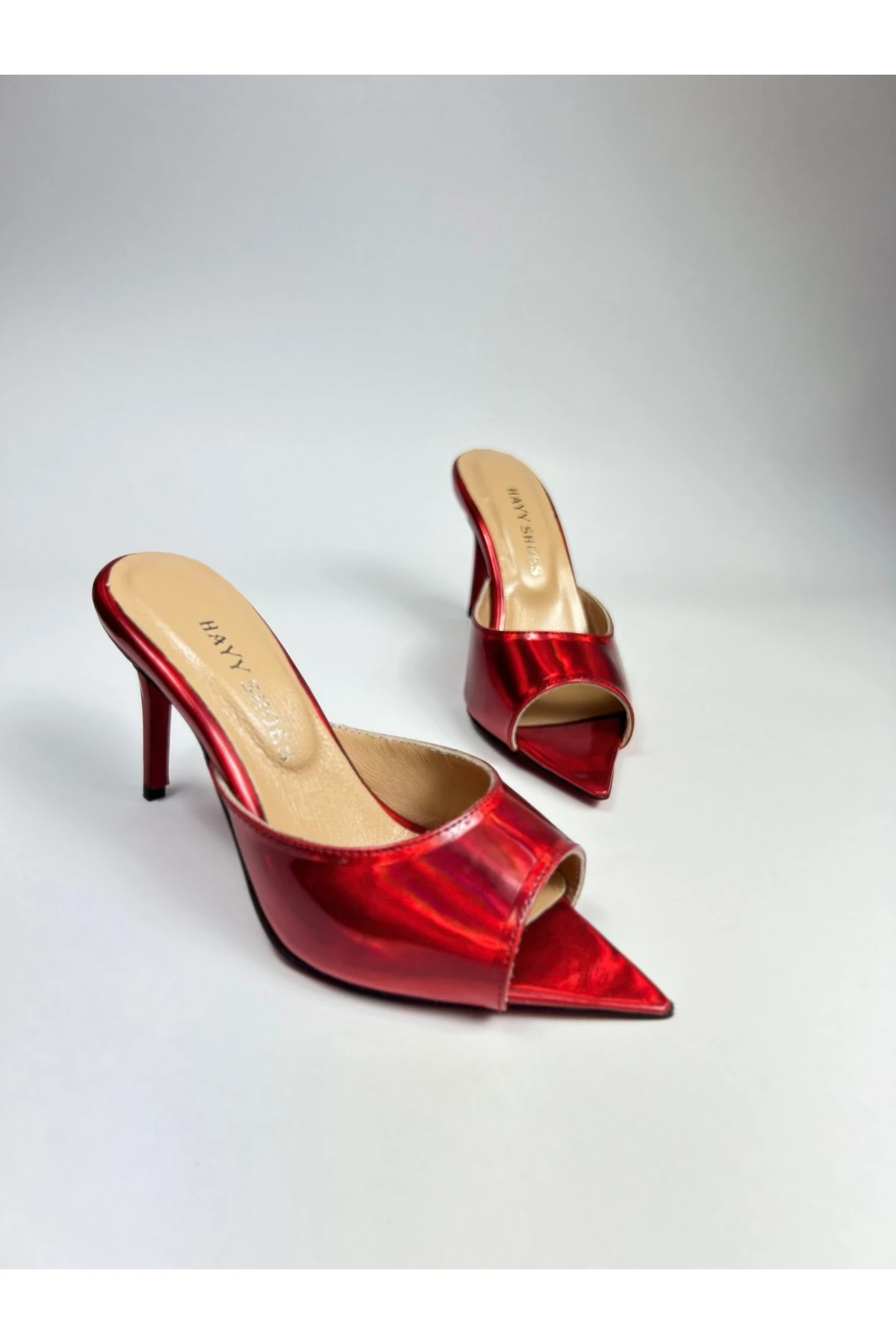 Orion Hakiki Deri Astarlı Kaplama Topuk Aynalı Jürdan Topuklu Terlik - Kırmızı Ayna