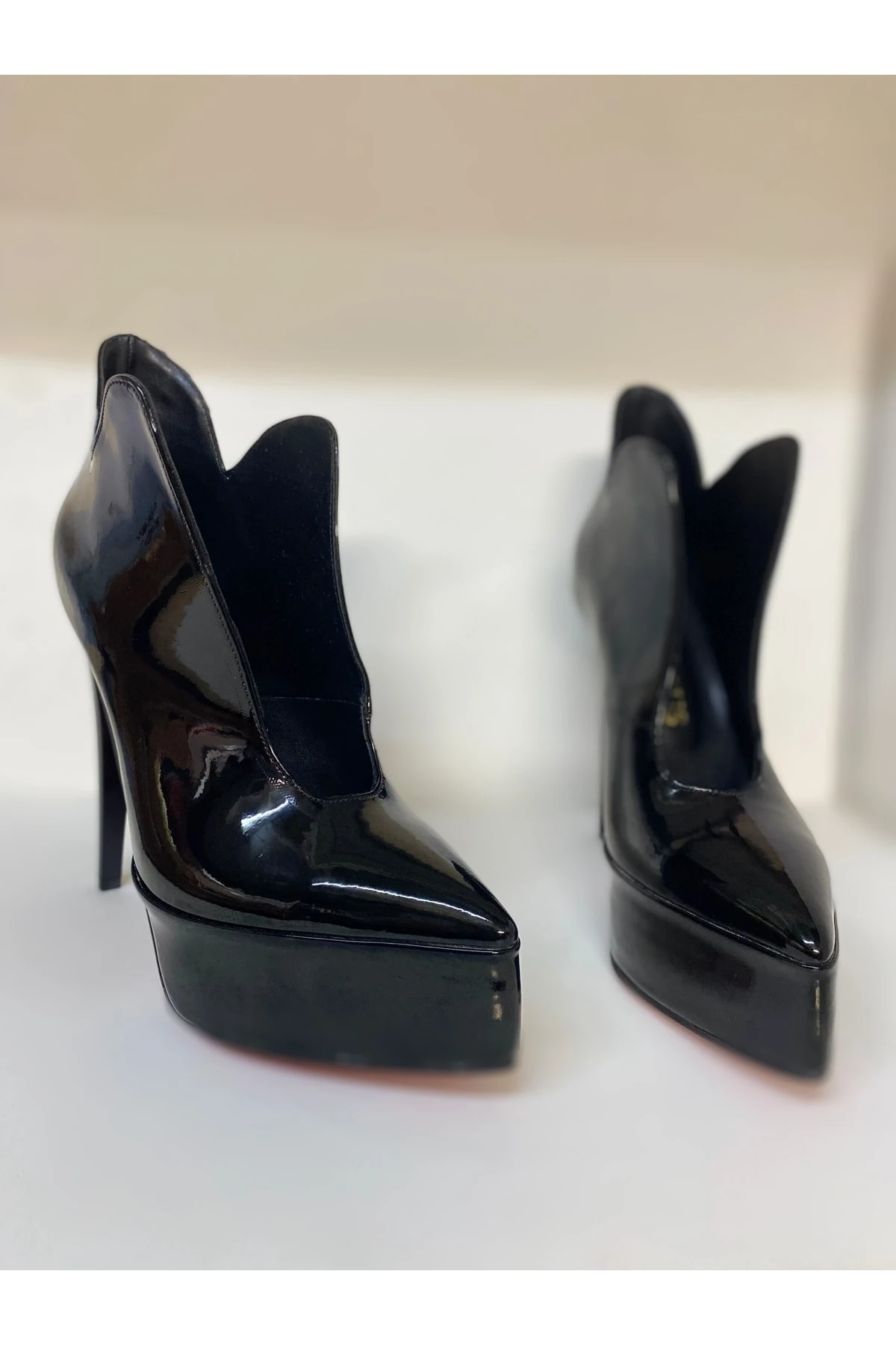 Özel Tasarım Love Siyah Rugan Platform Topuklu Stiletto Bottie Kadın Topuklu Bot