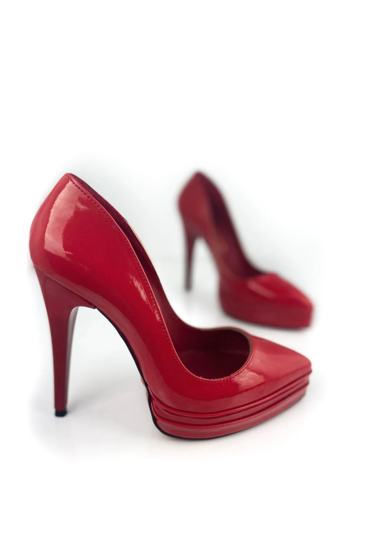 Kırmızı Rugan Çift Platform Stiletto Topuklu Ayakkabı