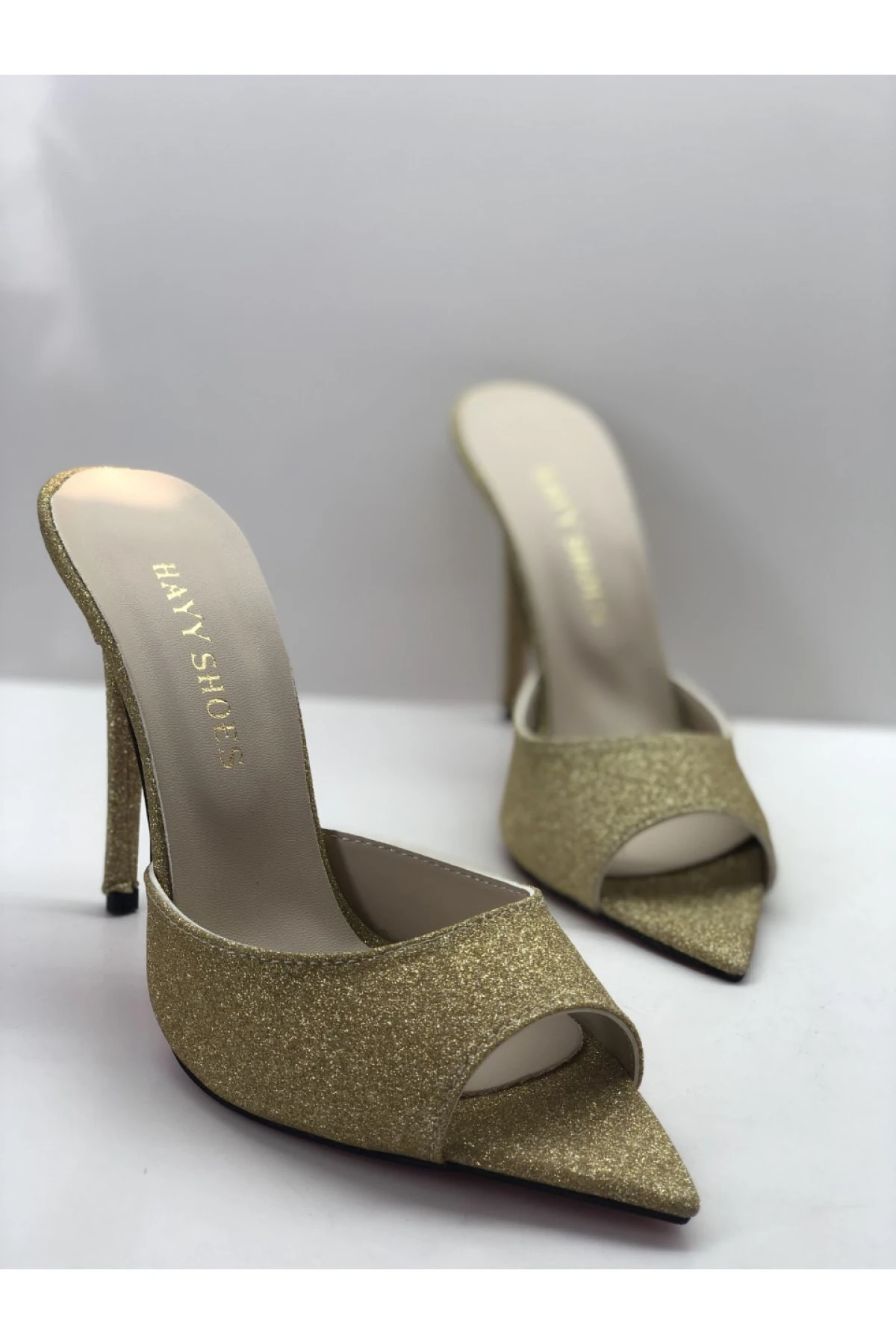 Hakiki Deri Astarlı Altın Kum-sim Topuklu Terlik