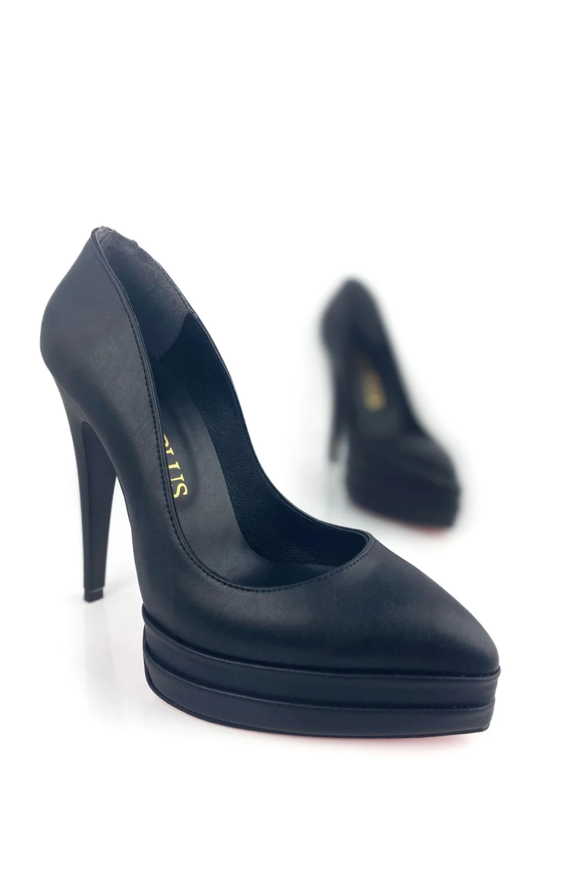 Siyah Deri Çift Platform Stiletto Topuklu Ayakkabı