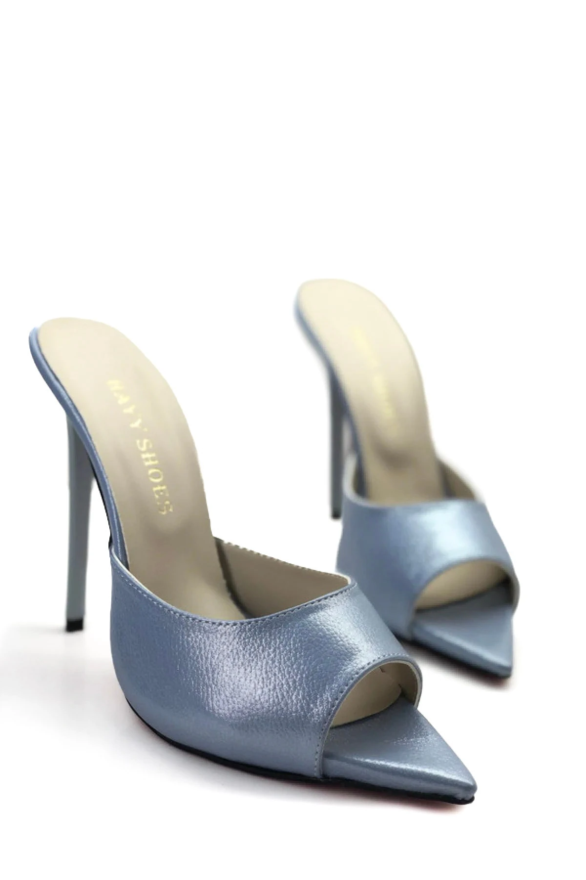 Nova Hakiki Deri Astarlı Gizli Platformlu Topuklu Terlik - Mavi-Bej