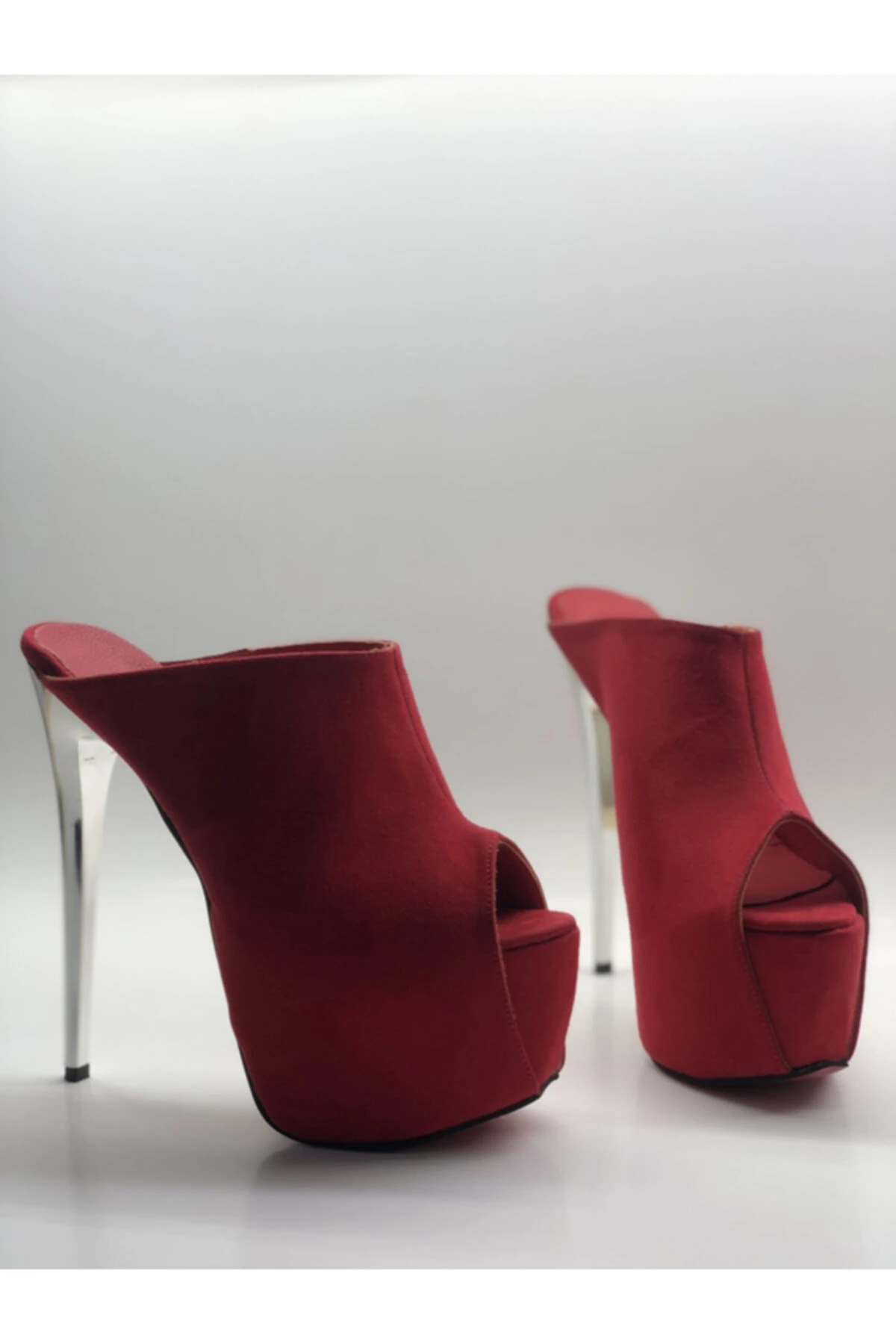Sabo Hakiki Deri Astarlı Platform Topuklu Ayakkabı Sandalet - Kırmızı Süet