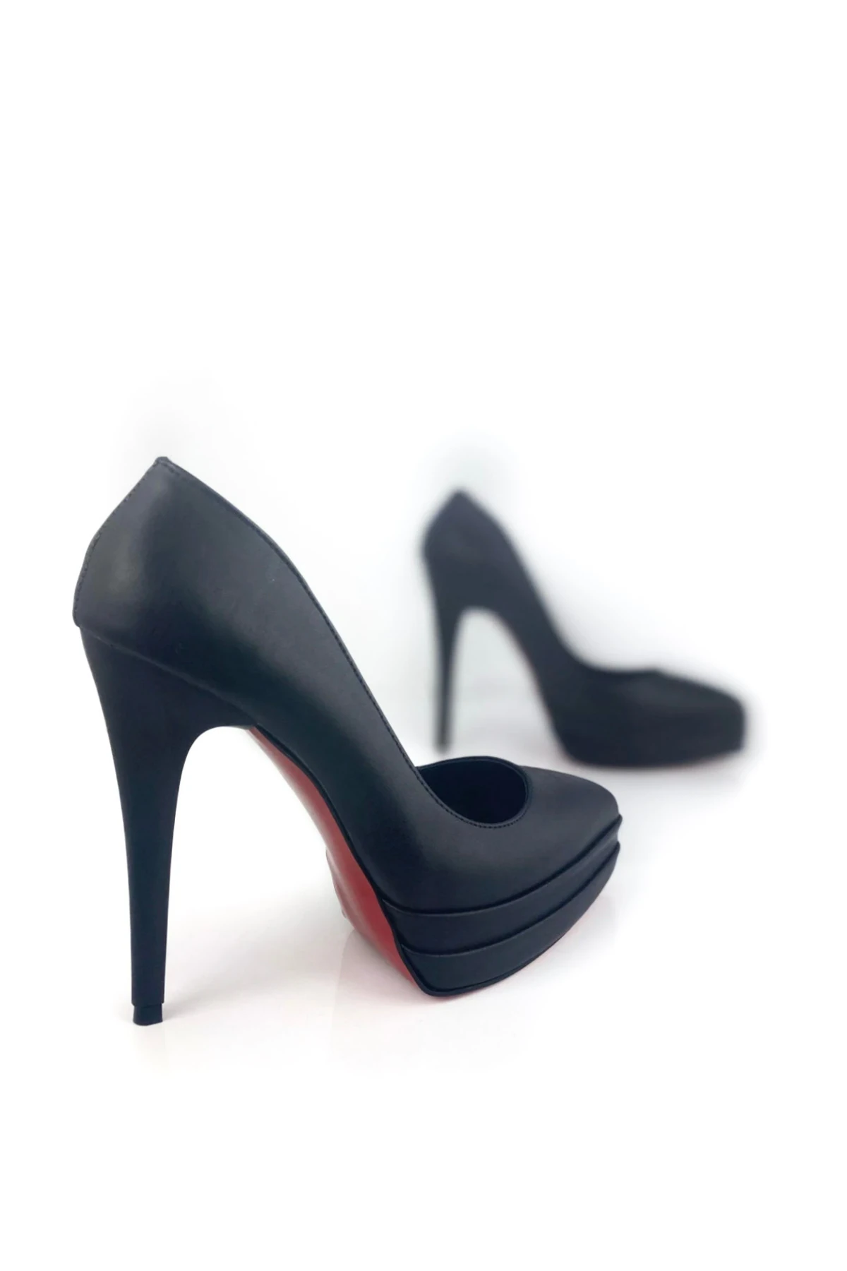 Siyah Deri Çift Platform Stiletto Topuklu Ayakkabı