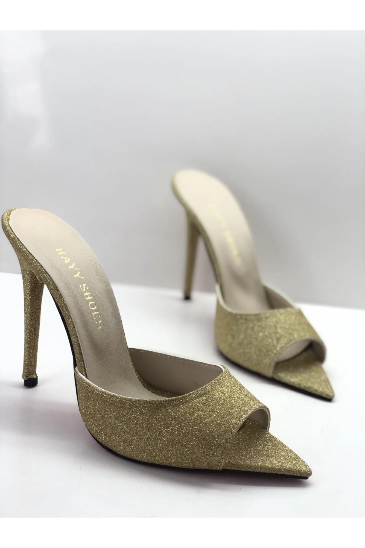 Hakiki Deri Astarlı Altın Kum-sim Topuklu Terlik