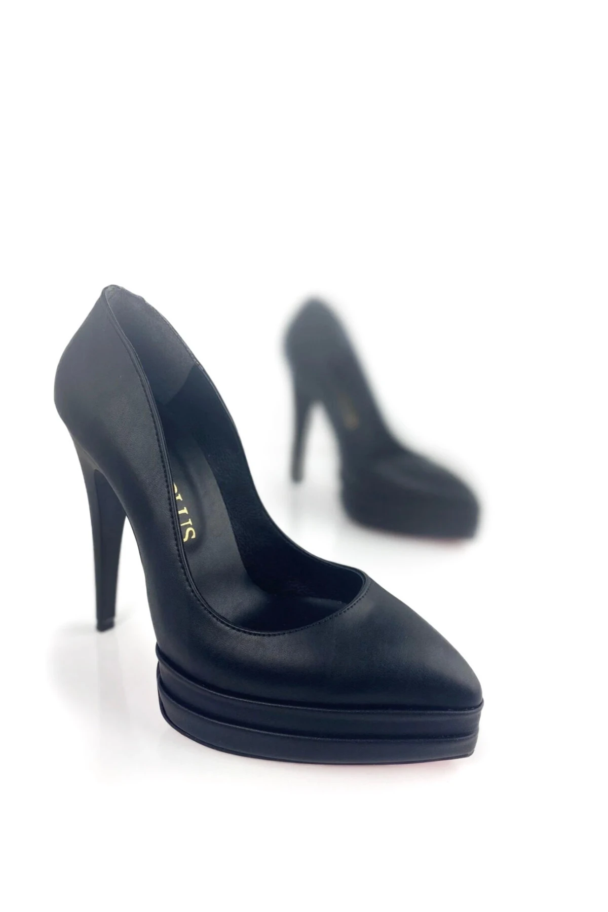 Siyah Deri Çift Platform Stiletto Topuklu Ayakkabı
