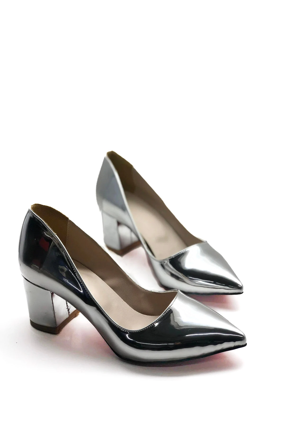 Aurora Kalın Topuklu Stiletto Topuklu Ayakkabı - Gümüş Ayna