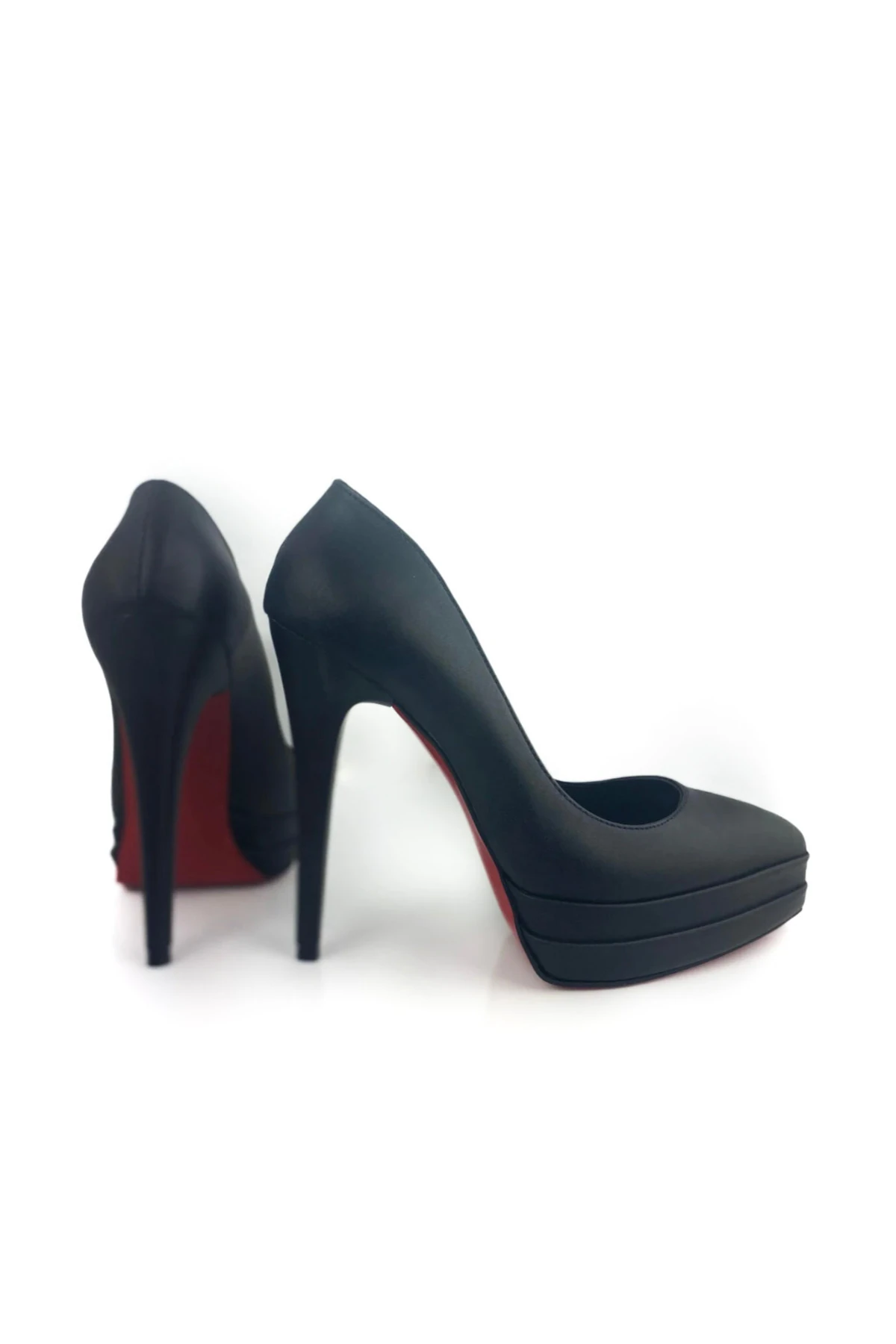 Siyah Deri Çift Platform Stiletto Topuklu Ayakkabı