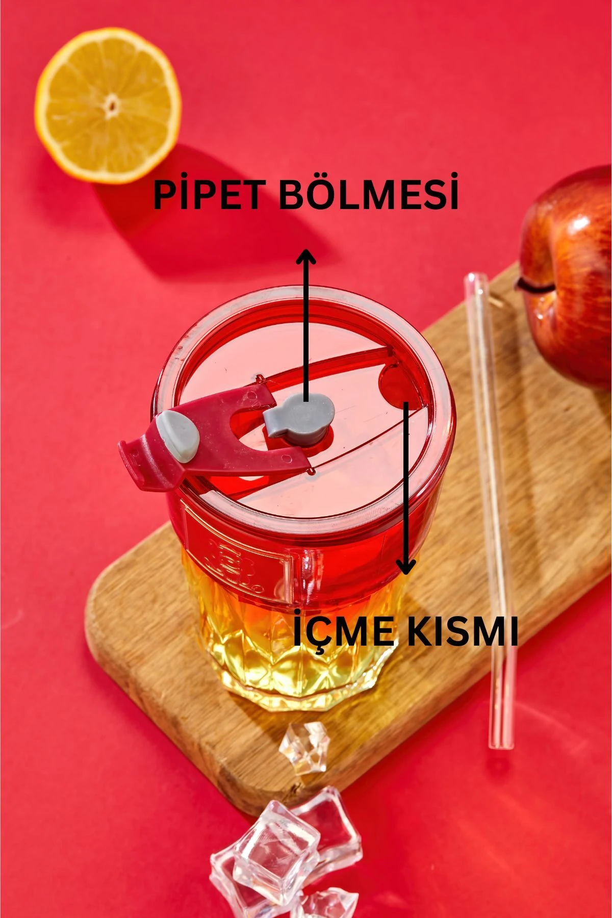 Premium Cam Bardak – Şerit Detaylı, Pipetli, Sızdırmaz Kapaklı / Kırmızı Kapaklı