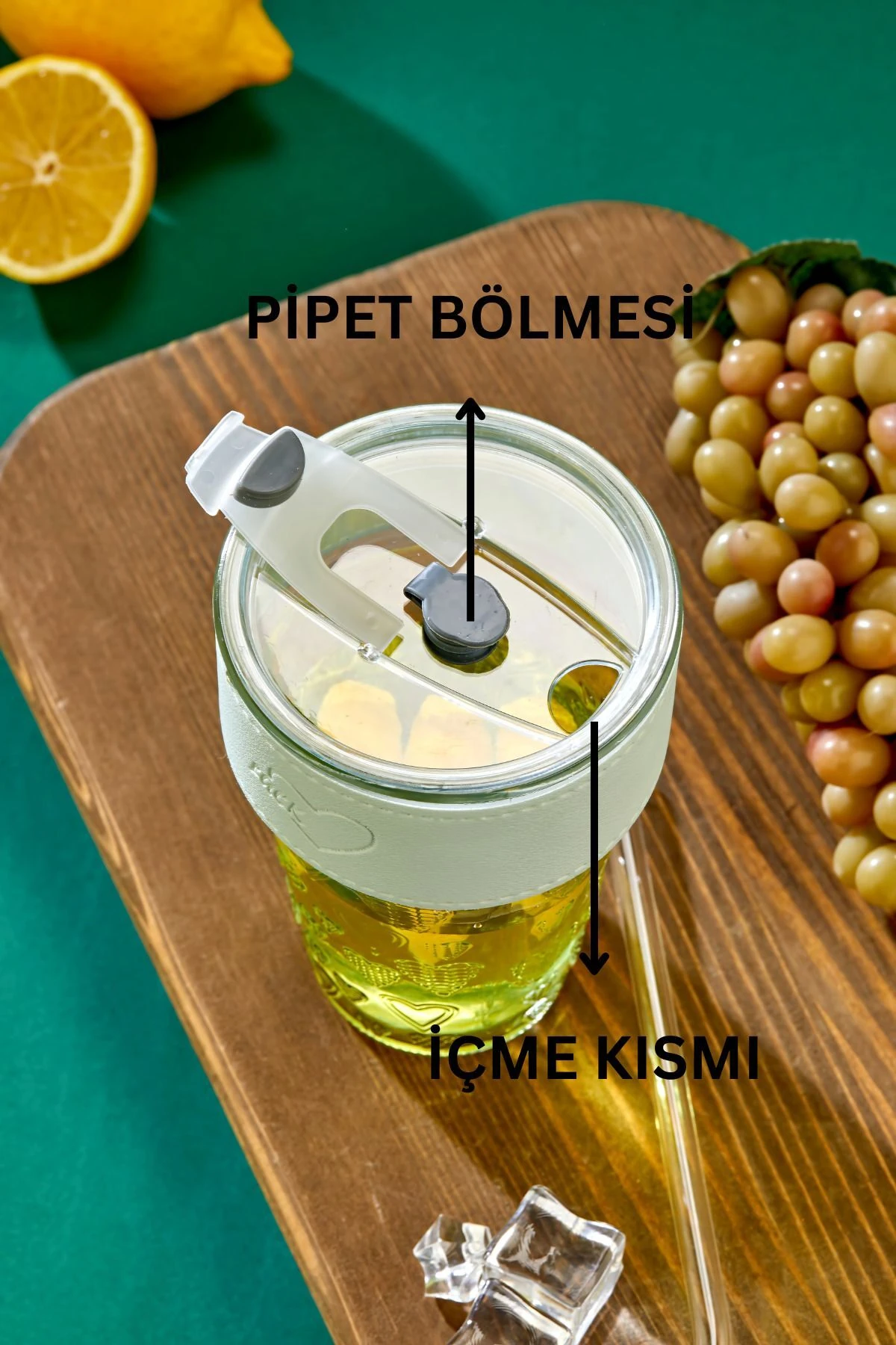 Cam Pipetli, Sızdırmaz Kapaklı -Gri Şeritli Cam Bardak