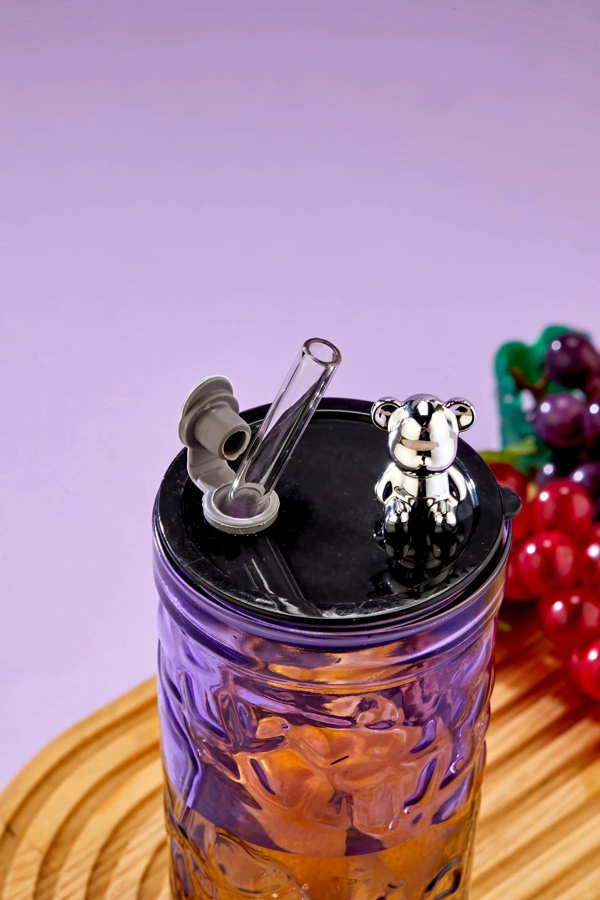 Ayıcık Figürlü - Meşrubat / Cam Bardak / 420 ml / Cam Pipet Hediyeli / Mor - Tekli