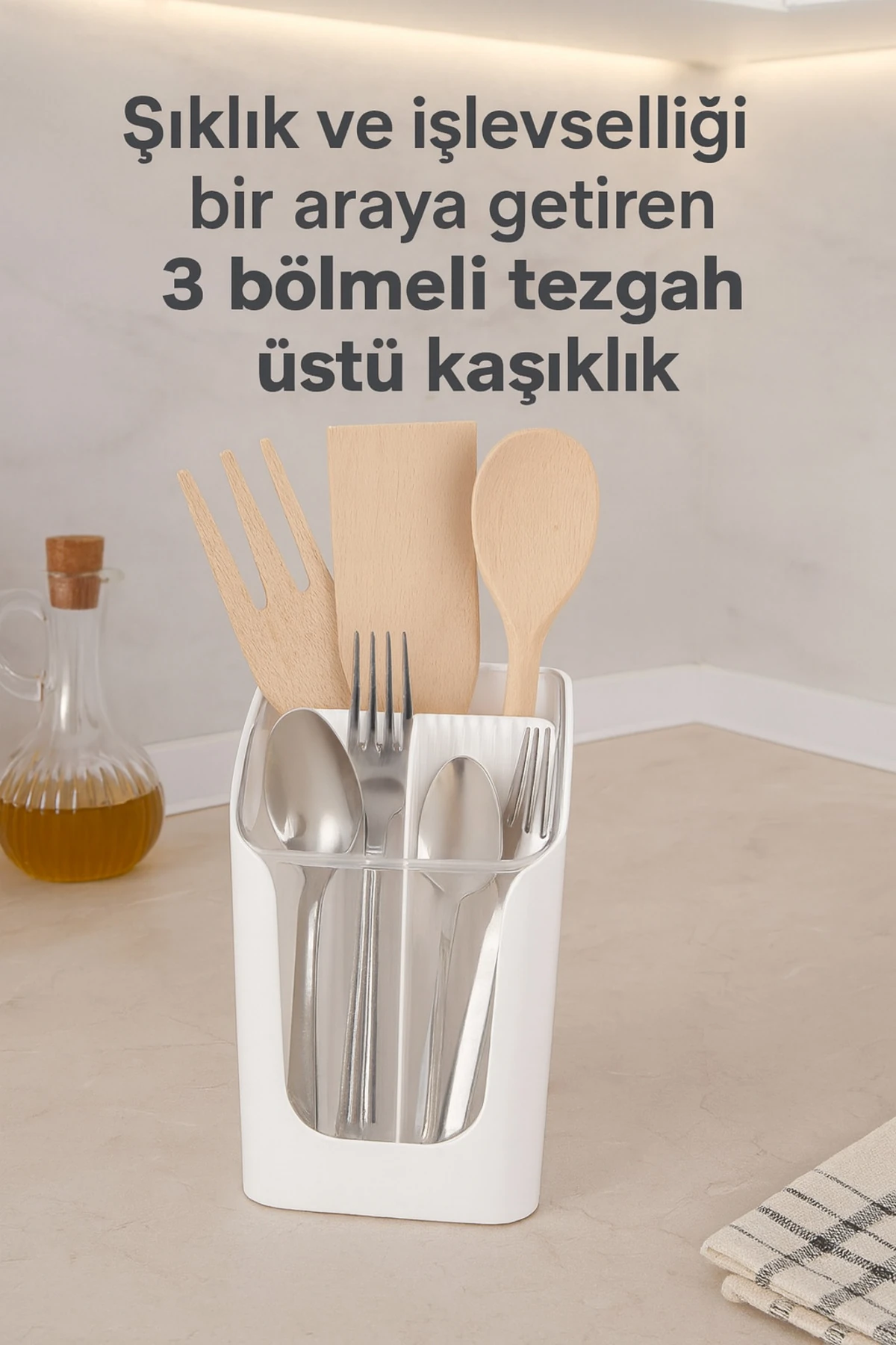 3 Bölmeli Tezgah Üstü Kaşıklık - Çıkarılabilir Bölmeli Kaşık Bıçak Standı Mutfak Organizer B