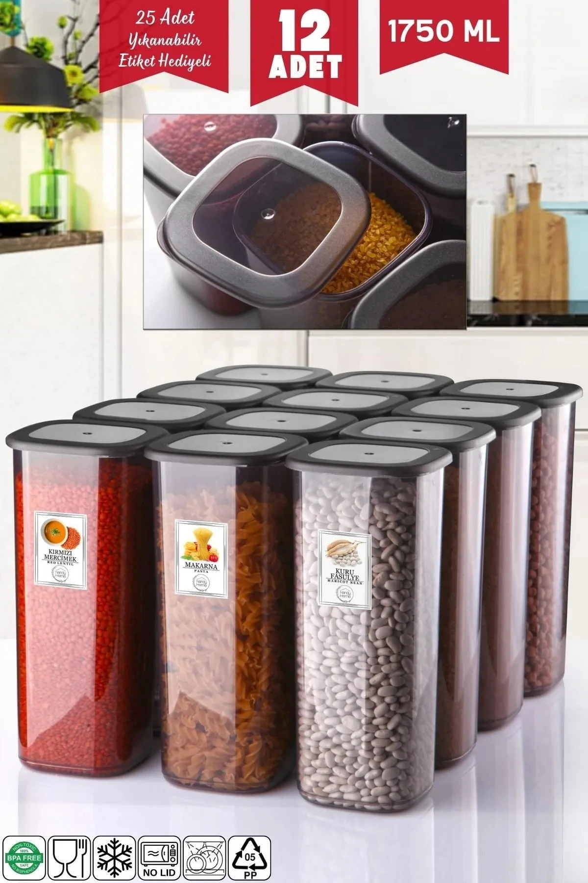 Etiketli 12 Adet 1750 Ml Antrasit Ekonomik Kırılmaz Saklama Kabı