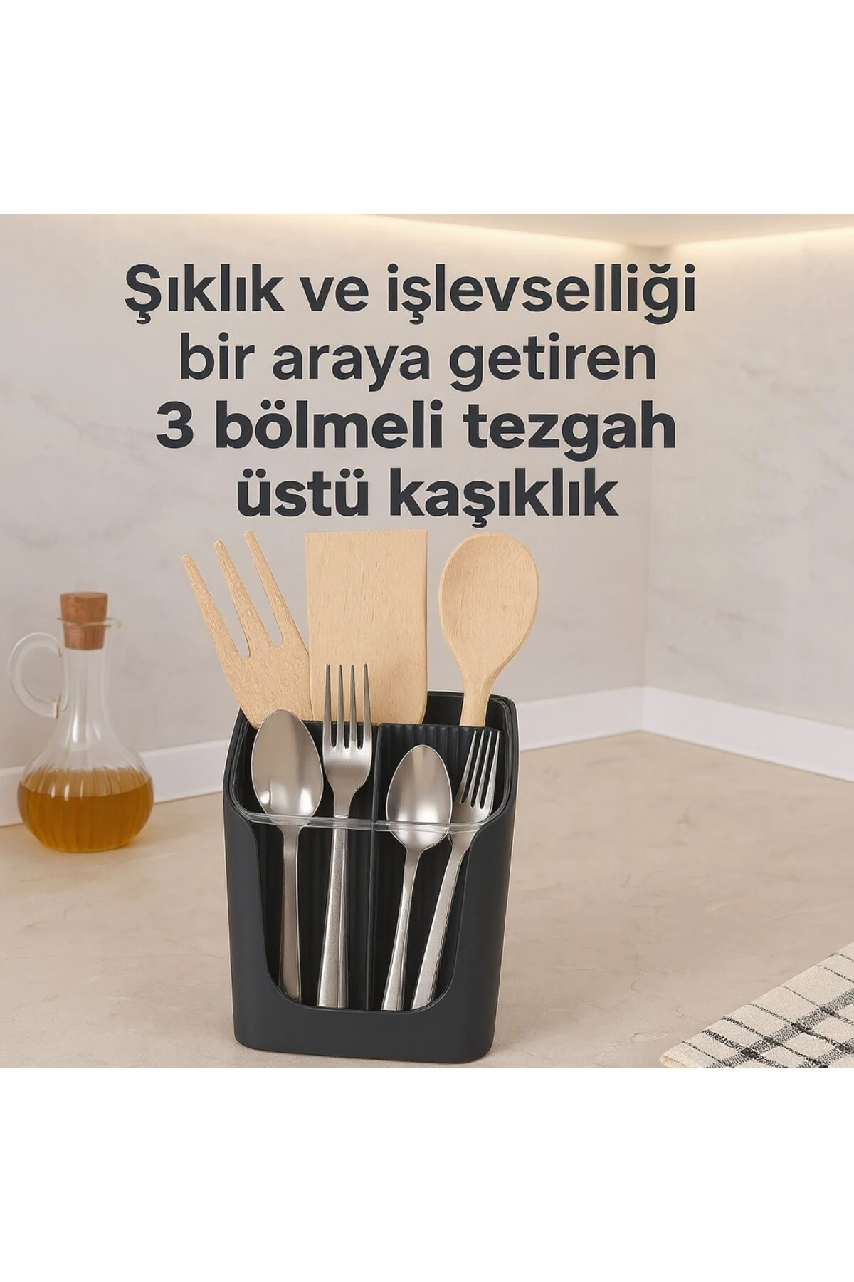 3 Bölmeli Tezgah Üstü Kaşıklık Bölmeli Kaşık Bıçak Standı Mutfak Organizer Antrasit