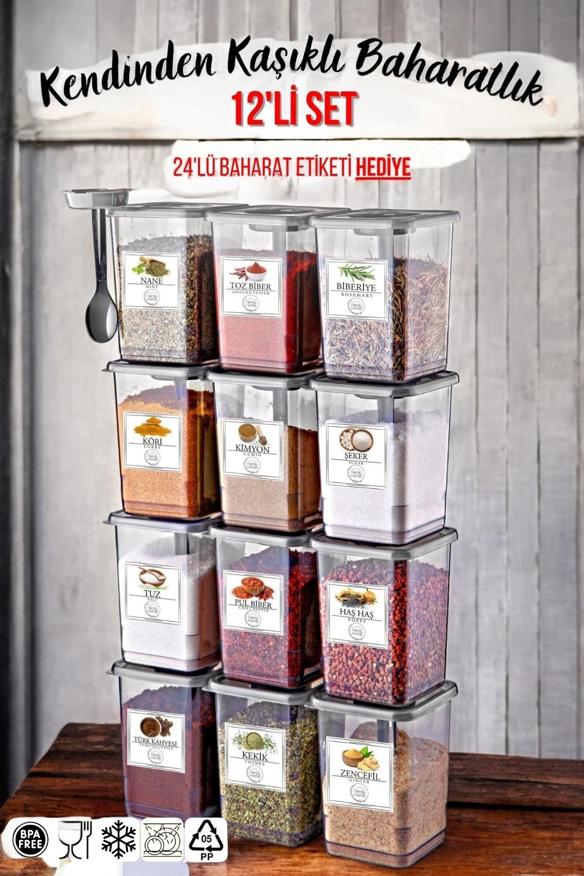 12'li Kendinden Kaşıklı Baharatlık Seti