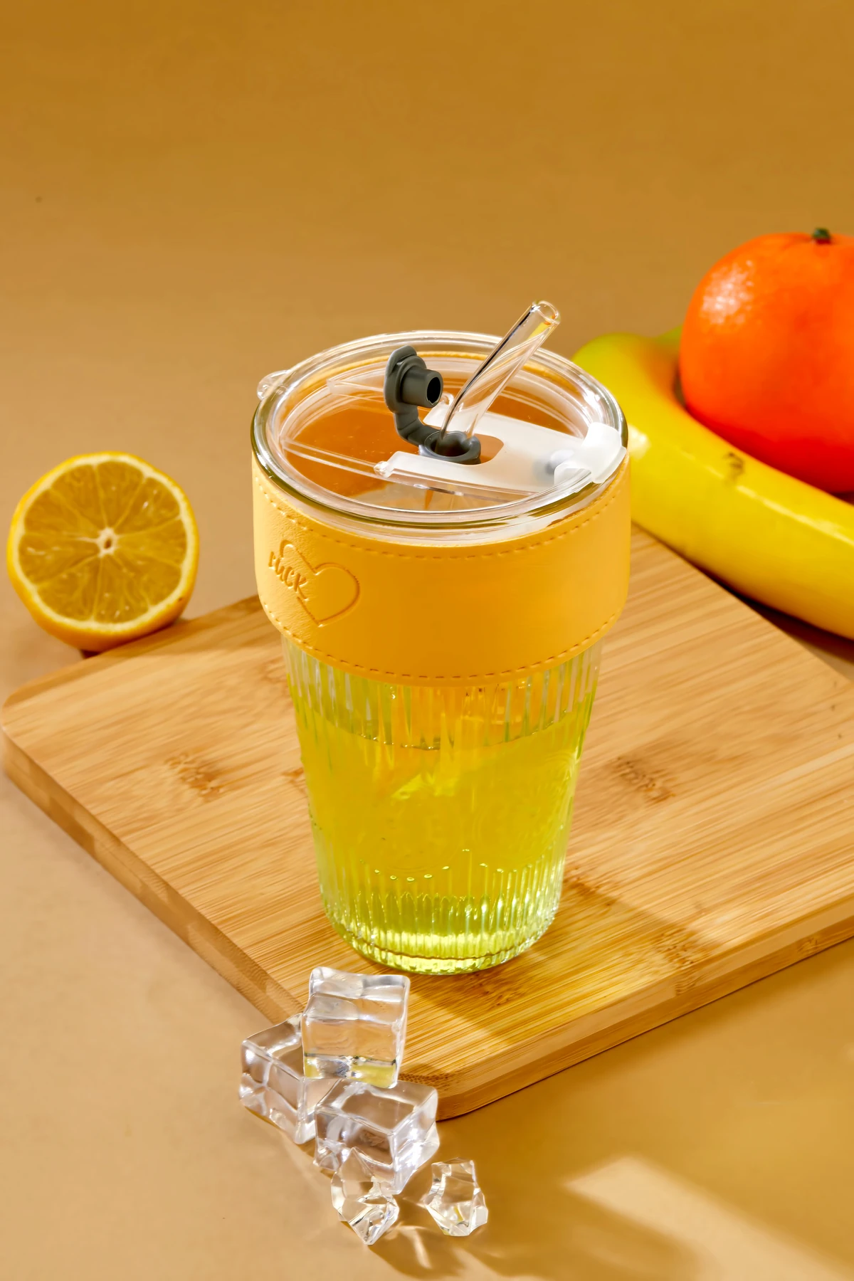 Premium Cam Bardak – Şerit Detaylı, Sızdırmaz Kapaklı / Cam Pipet Hediyeli / Sarı Şeritli