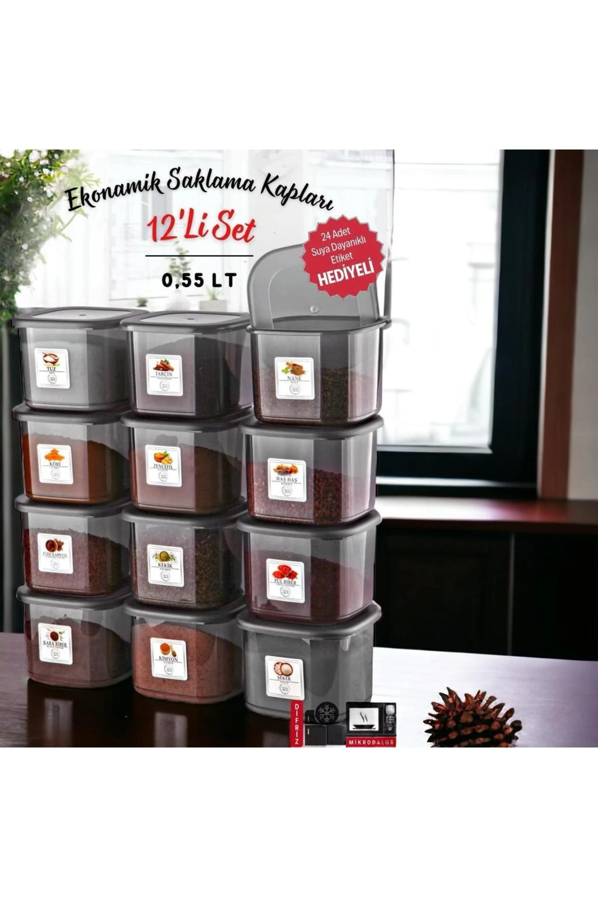 Etiketli 12 Adet 550 Ml Antrasit Ekonomik Kırılmaz Saklama Kabı