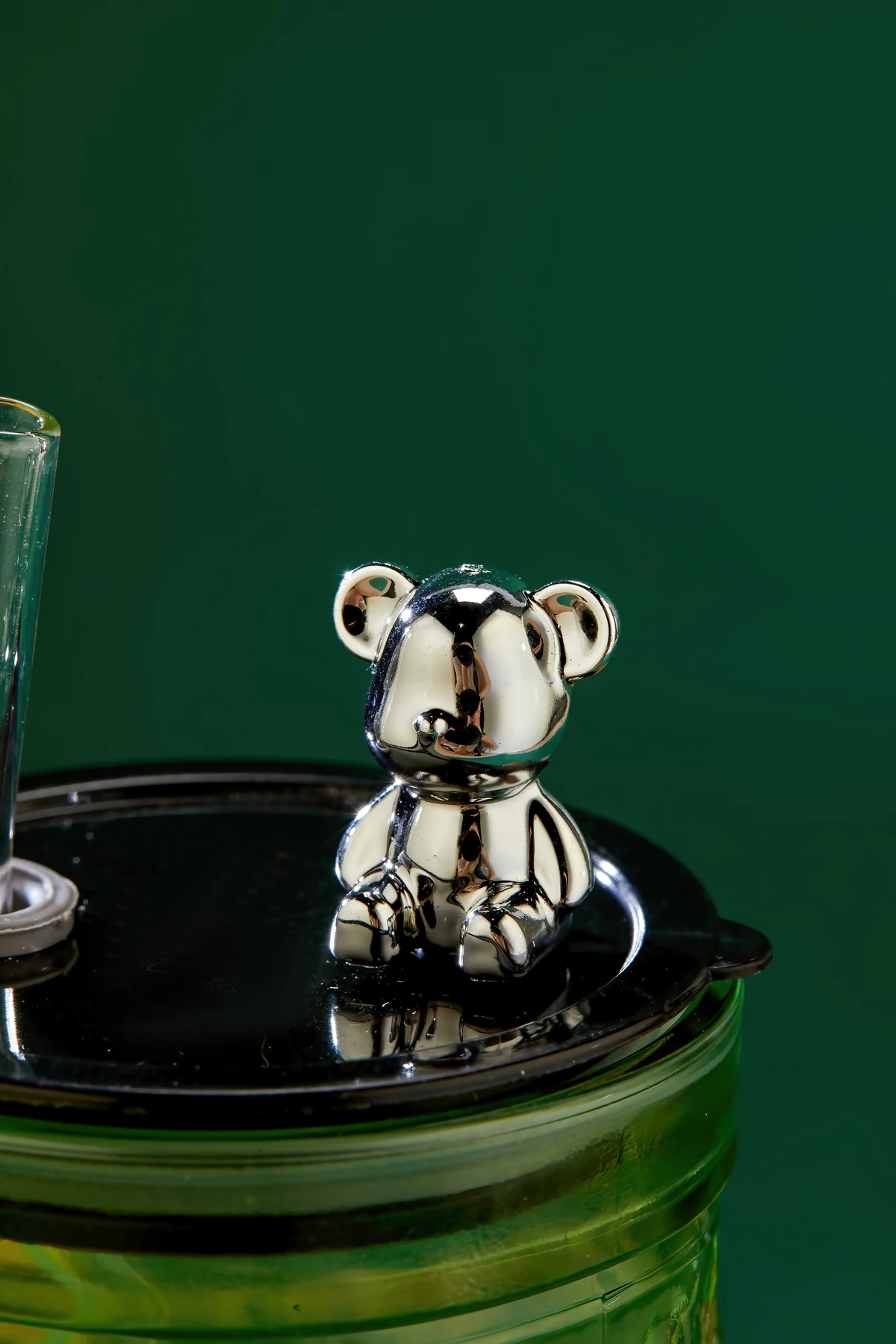 Ayıcık Figürlü - Meşrubat / Cam Bardak / 420 ml / Cam Pipet Hediyeli / Yeşil - Tekli