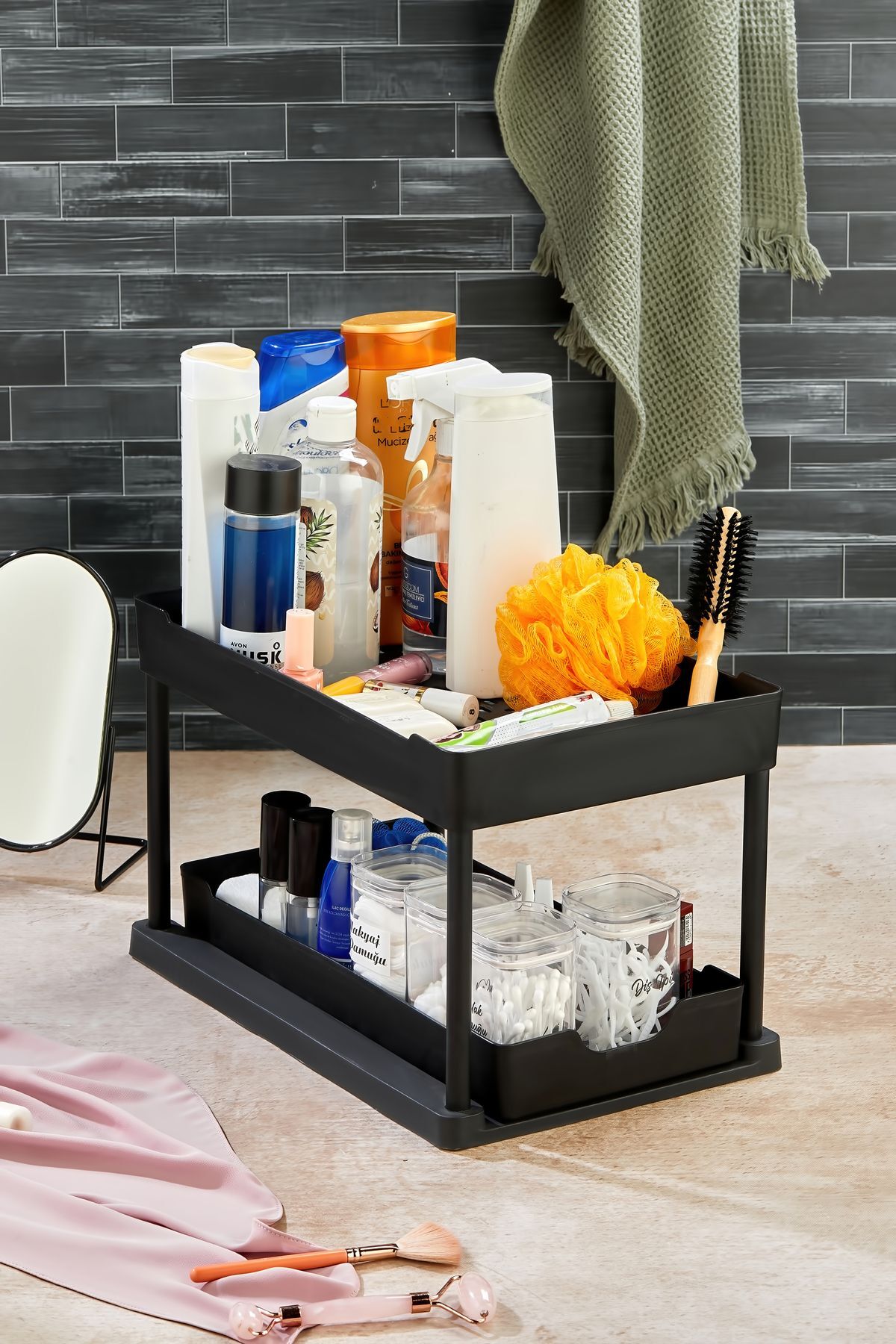 2 Katlı Çok Amaçlı Evye Altı Düzenleyici Siyah