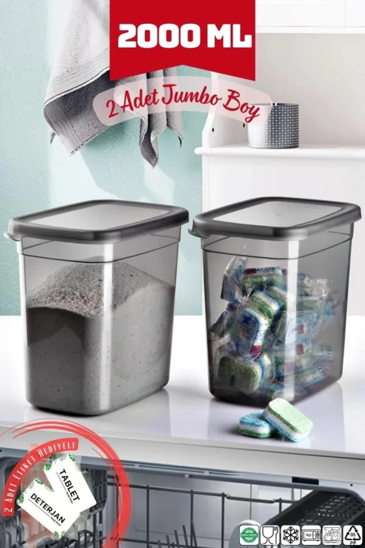 Ekonomik 2 Adet Jumbo Boy Dikdörtgen Saklama Kabı 2000 Ml Antrasit