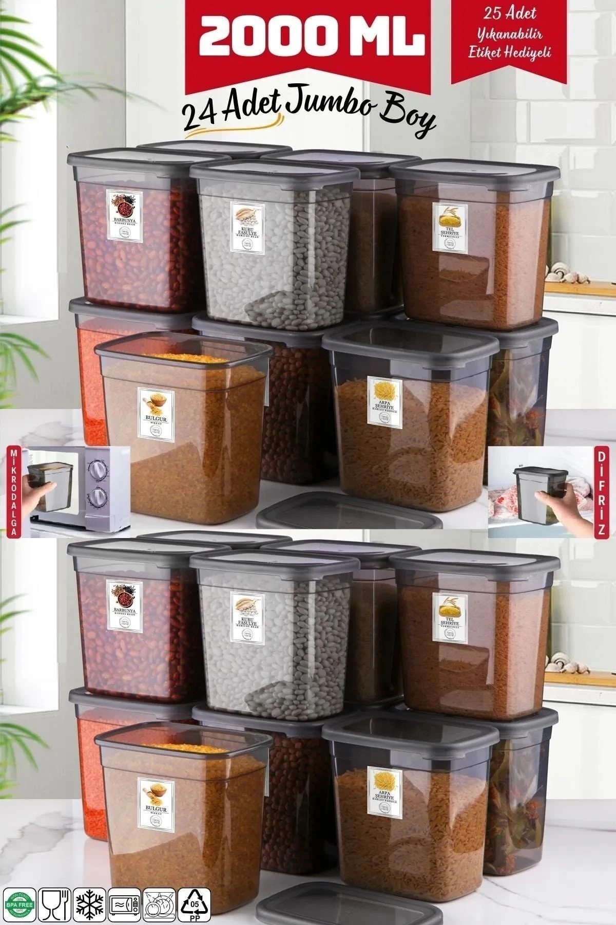 Ekonomik 24 Adet Jumbo Boy Dikdörtgen Saklama Kabı 2000 Ml Antrasit