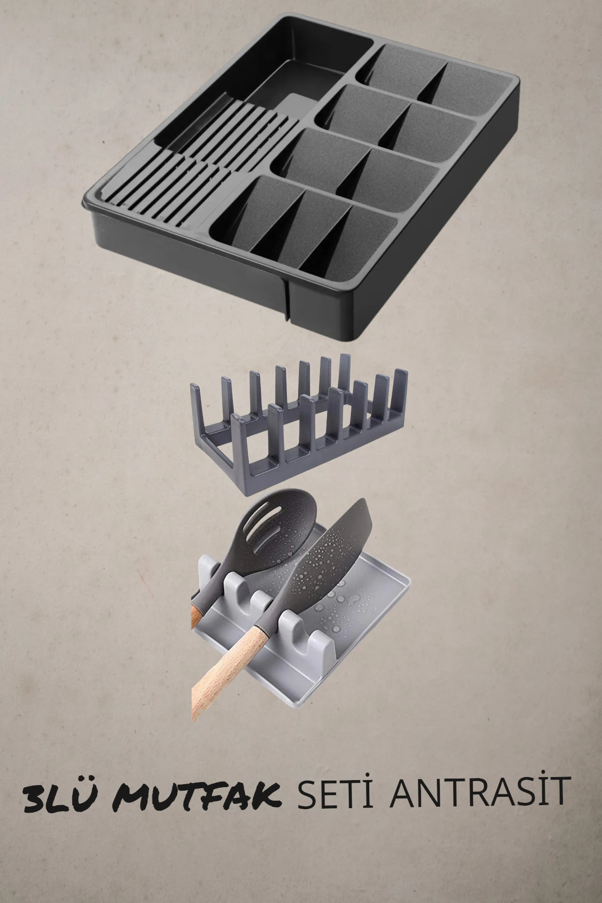 3'lü Mutfak Seti Antrasit Kaşıklık-Kaşık Tutma Aparatı-Tencere Kapak Düzenleyici