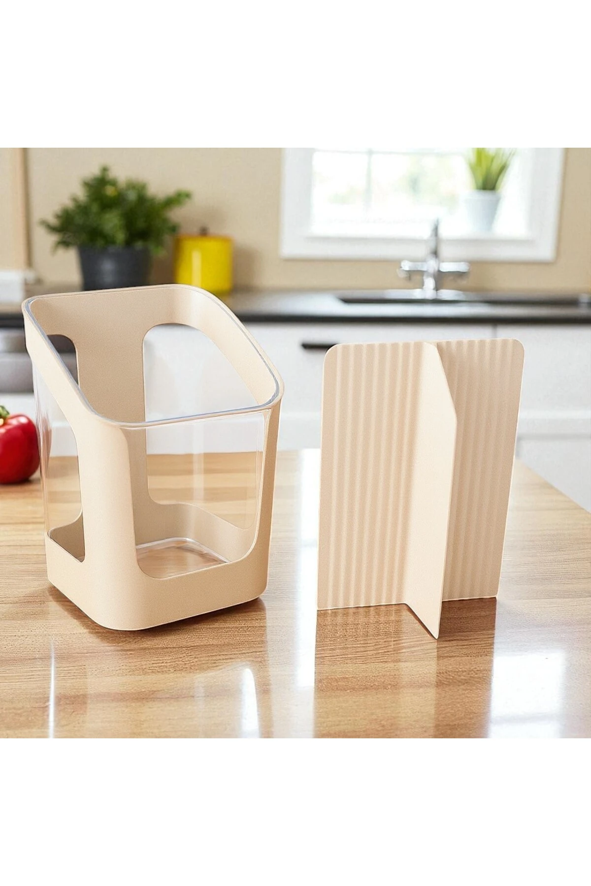 3 Bölmeli Tezgah Üstü Kaşıklık Bölmeli Kaşık Bıçak Standı Mutfak Organizer Bej