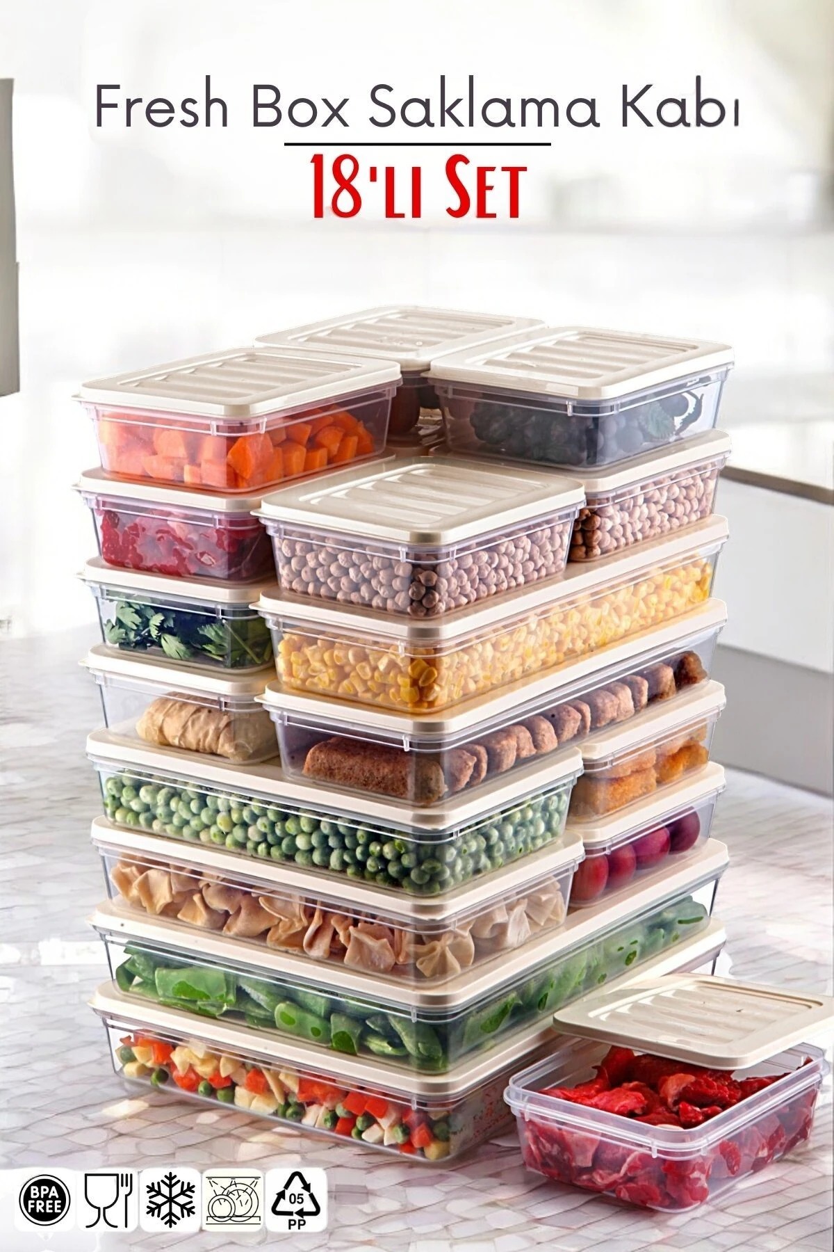 18'li Set Freshbox Mikrodalga Ve Difrize Uygun Saklama Kabı KREM