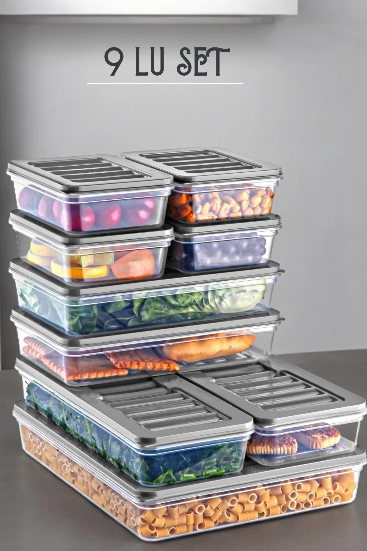 9 Lu Set Freshbox Mikrodalga Ve Difrize Uygun Saklama Kabı Gri