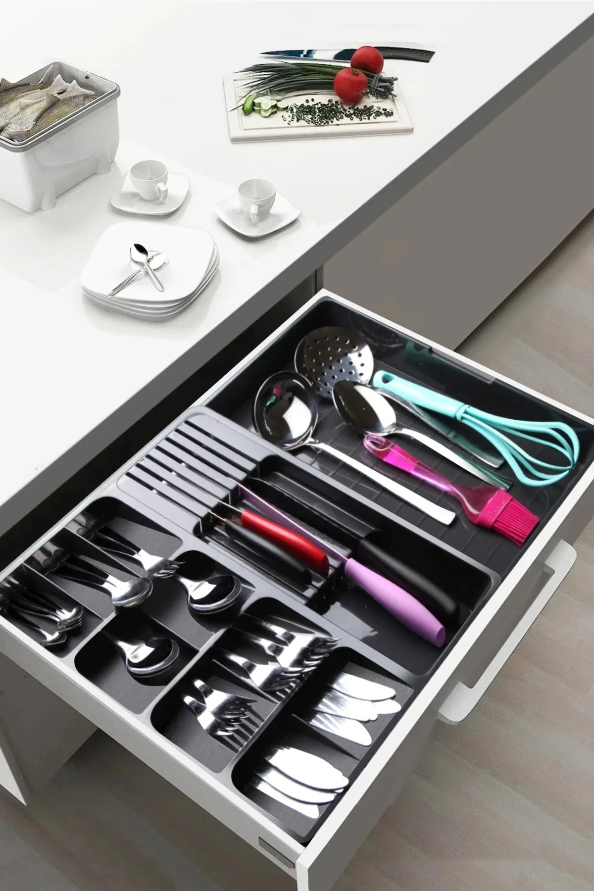 3'lü Mutfak Seti Antrasit Kaşıklık-Kaşık Tutma Aparatı-Tencere Kapak Düzenleyici