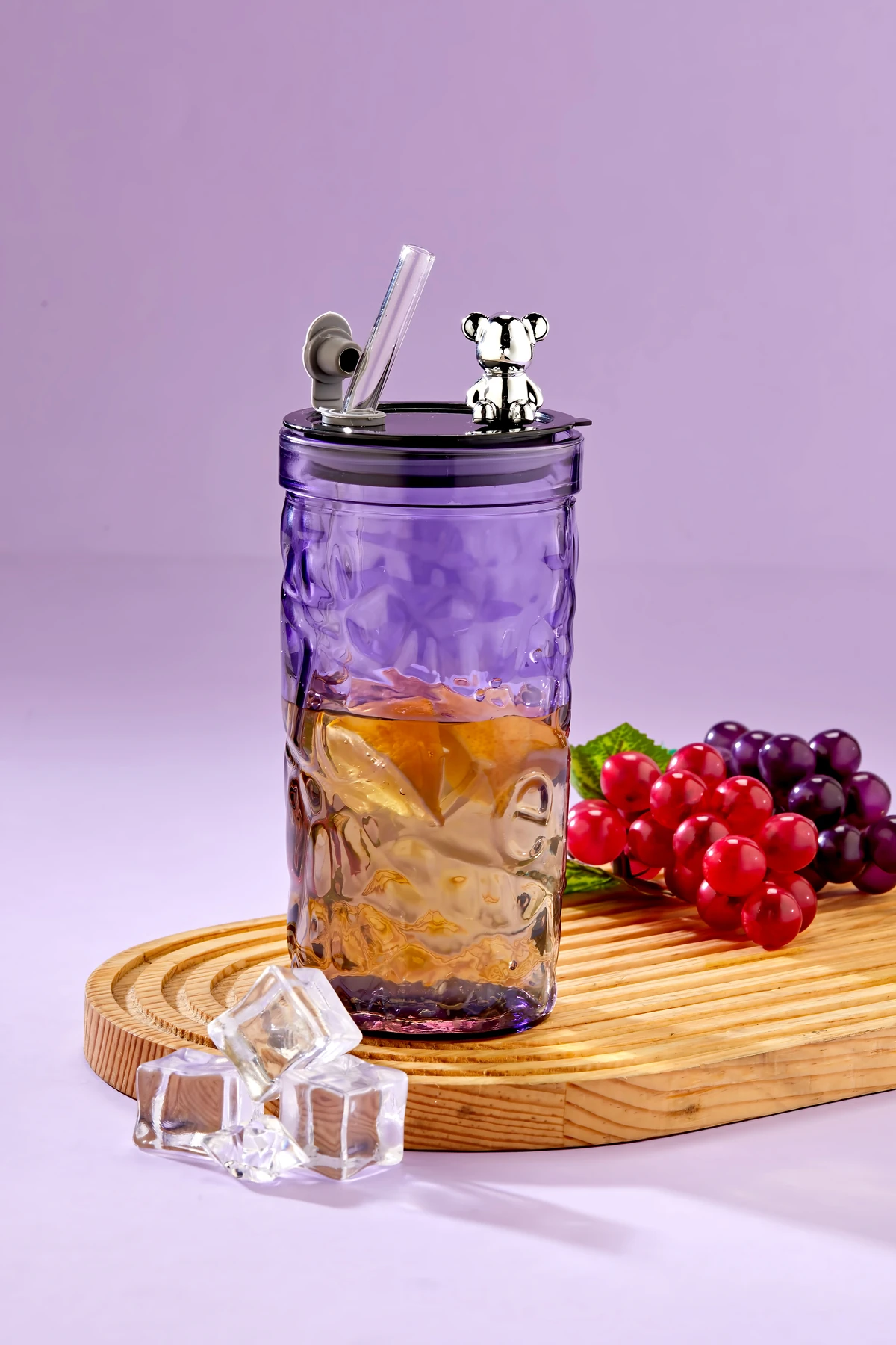 Ayıcık Figürlü - Meşrubat / Cam Bardak / 420 ml / Cam Pipet Hediyeli / Mor - Tekli