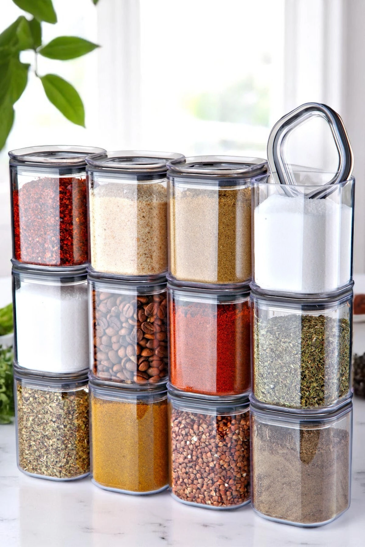 Stantlı, Etiketli 12'li Kare Baharat Saklama Kabı Şeffaf 180 ml