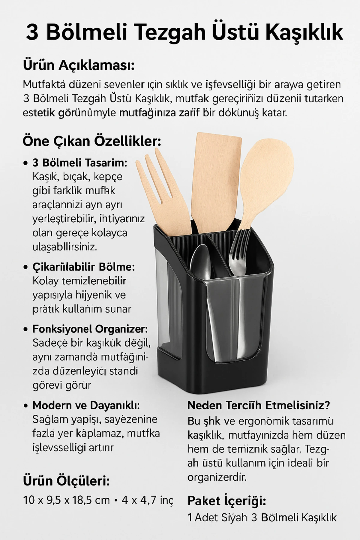 3 Bölmeli Tezgah Üstü Kaşıklık - Çıkarılabilir Bölmeli Kaşık Bıçak Standı Mutfak Organizer S