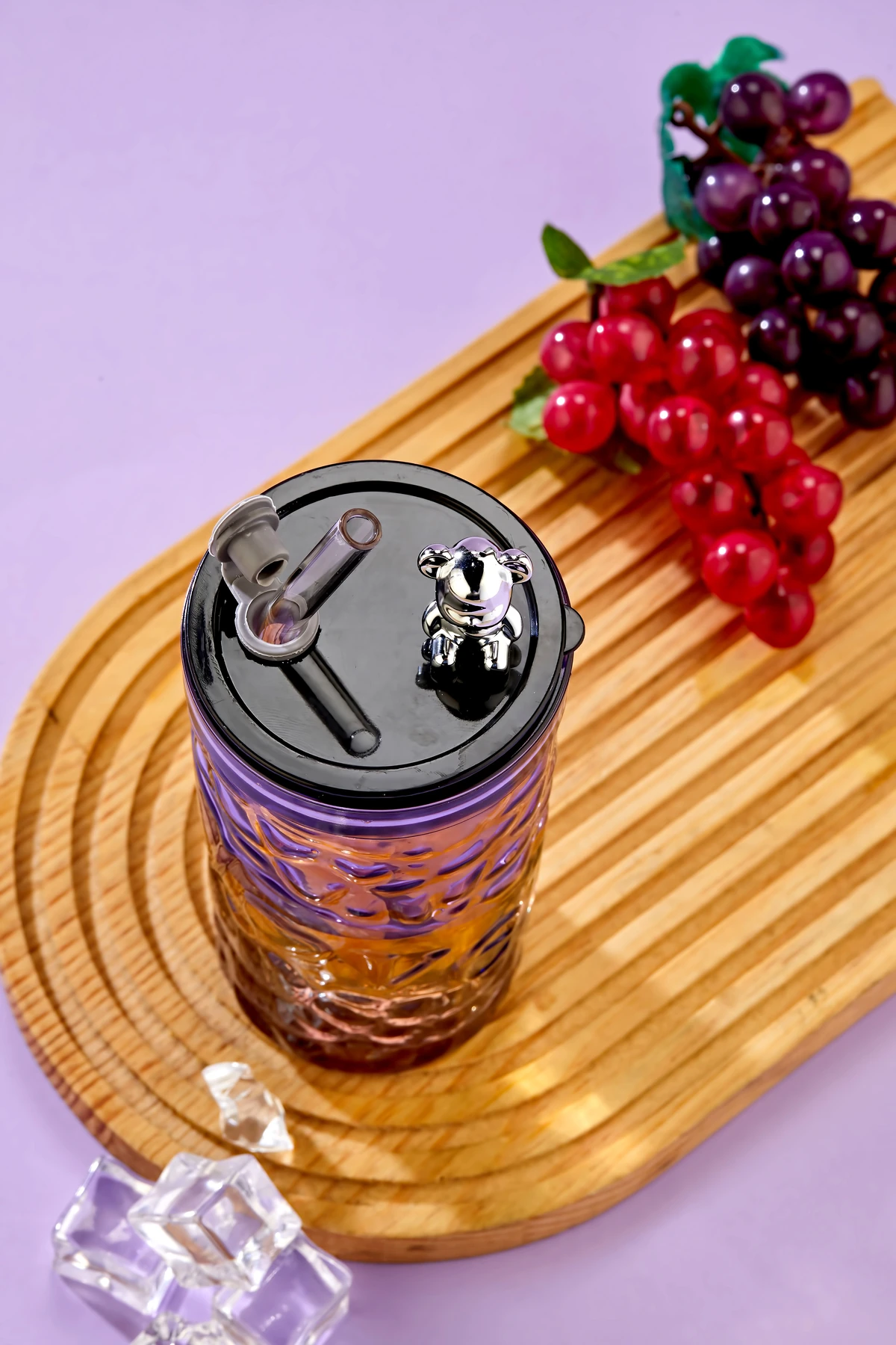 Ayıcık Figürlü - Meşrubat / Cam Bardak / 420 ml / Cam Pipet Hediyeli / Mor - Tekli