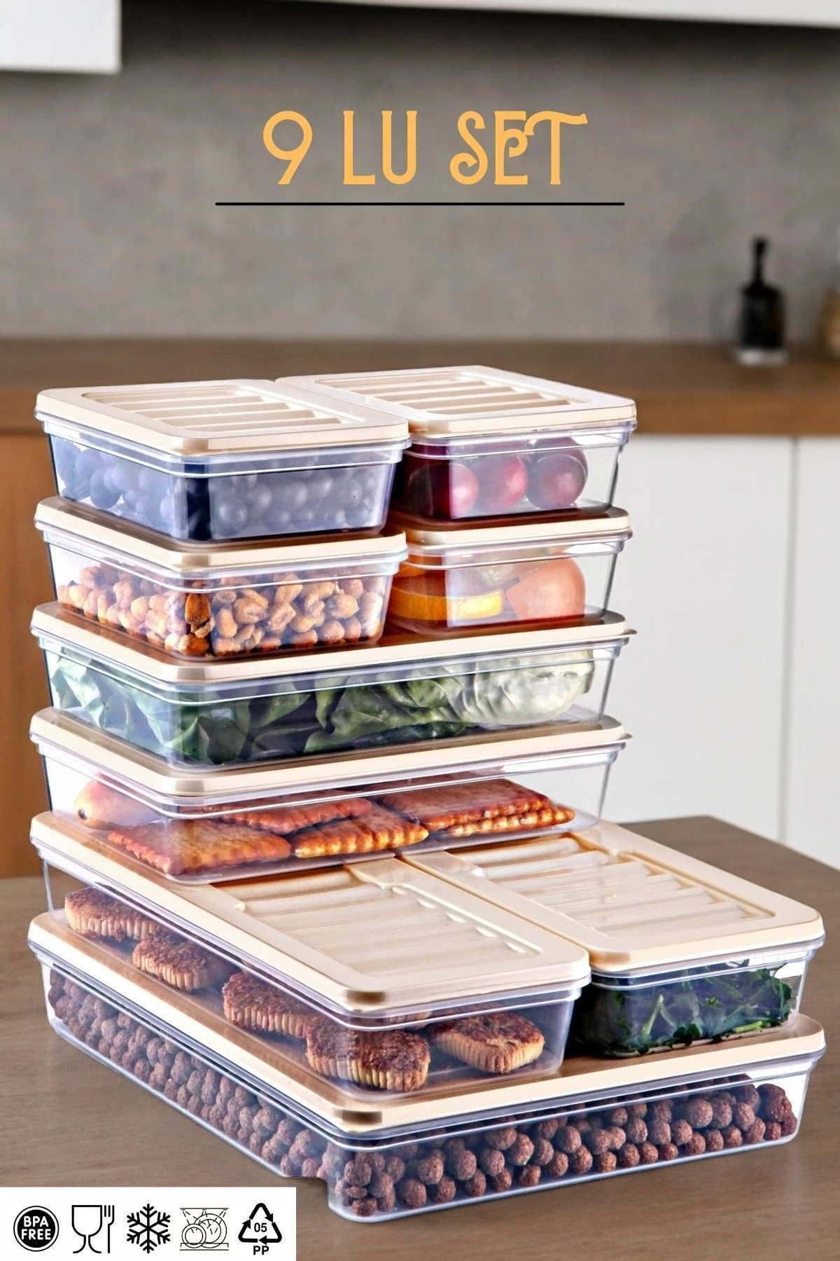 9'lu Set Freshbox Mikrodalga Ve Difrize Uygun Saklama Kabı Krem