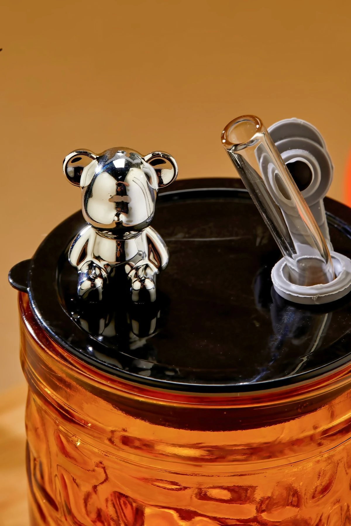 Ayıcık Figürlü Cam Pipetli Meşrubat Bardağı Turuncu 420 ML