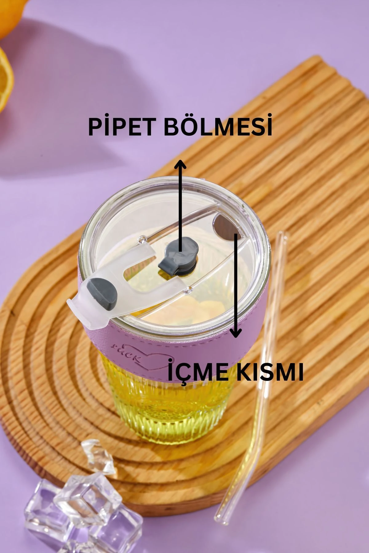 Cam Pipetli, Sızdırmaz Kapaklı -Mor Şeritli Cam Bardak