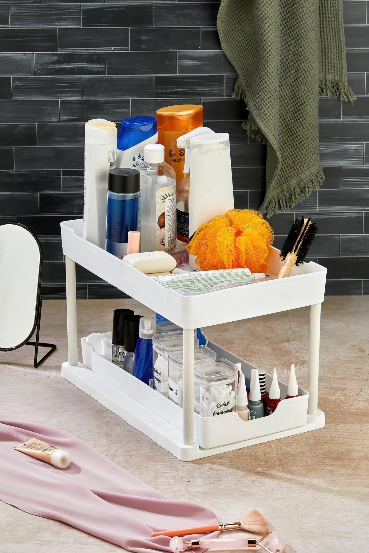 2 Katlı Çok Amaçlı Evye Altı Düzenleyici Beyaz