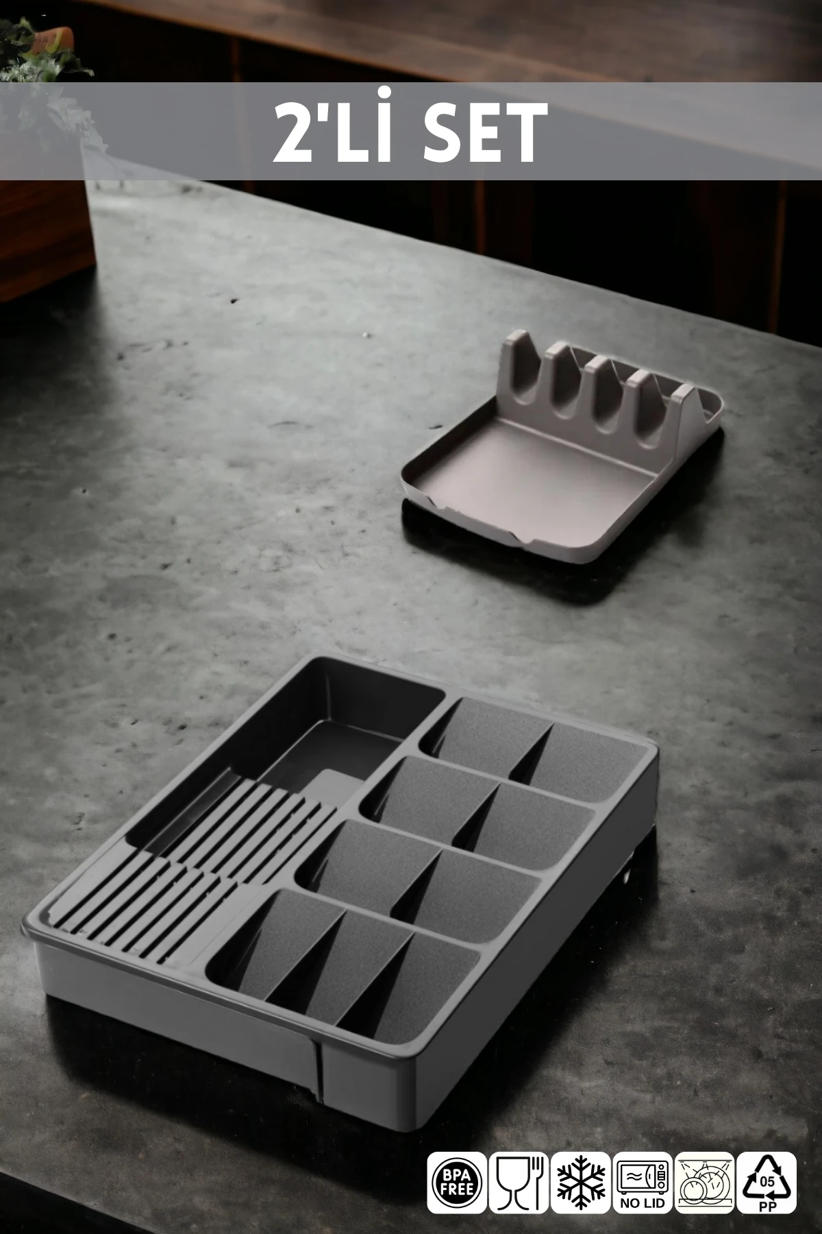 2'li Mutfak Seti Antrasit Kaşıklık-Kaşık Tutma Aparatı