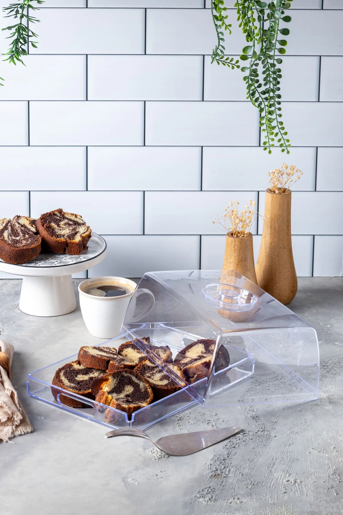 2'si 1 Arada Dikdörtgen Sunum Tepsisi ve Kek Fanusu